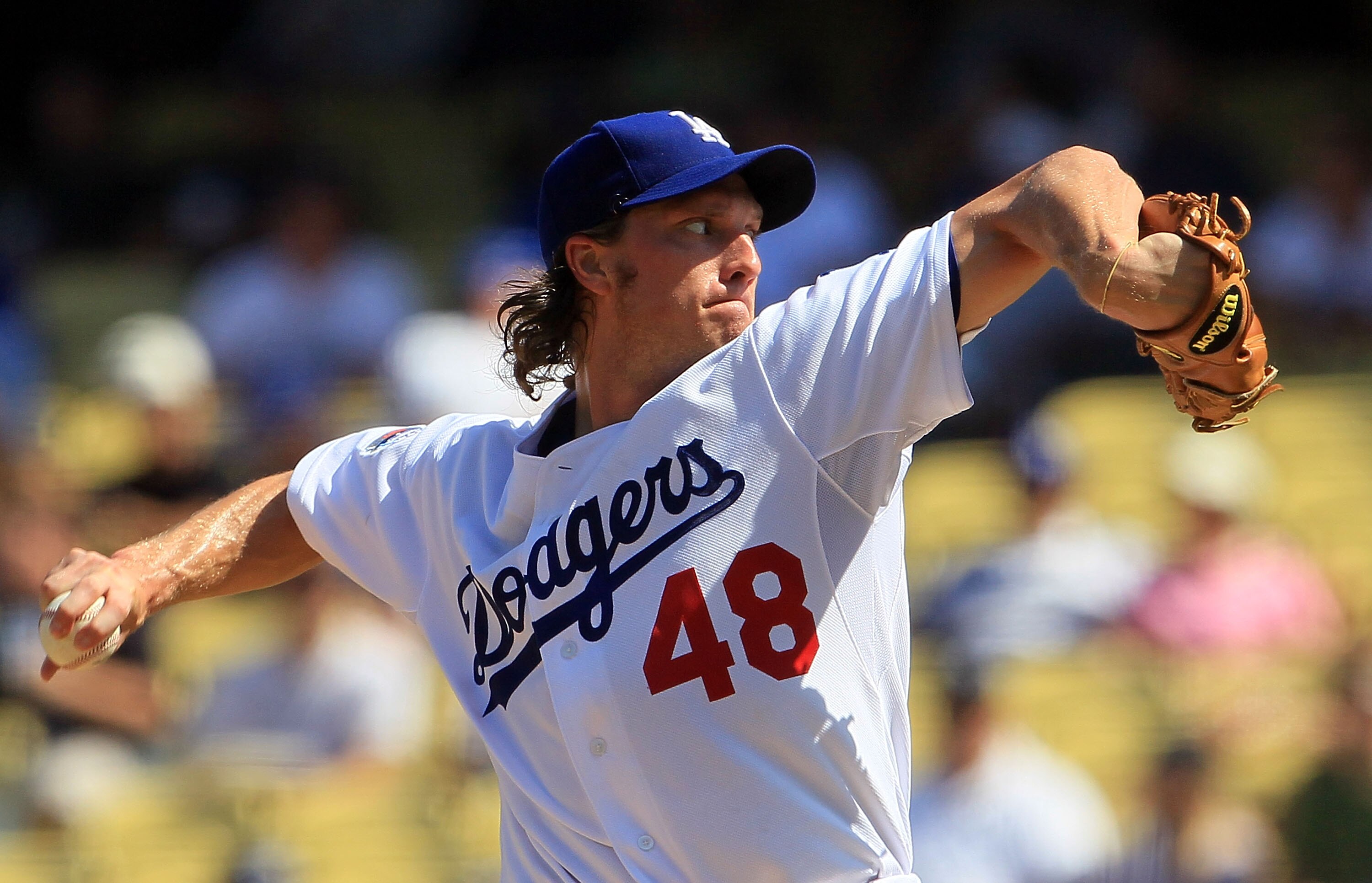 LOS ANGELES, CA - SEPTEMBER 18:  John Ely #48 of the Los Angeles Dodgers pitches against the Colorado Rockies in the game at Dodger Stadium on September 18, 2010 in Los Angeles, California.  (Photo by Jeff Gross/Getty Images)