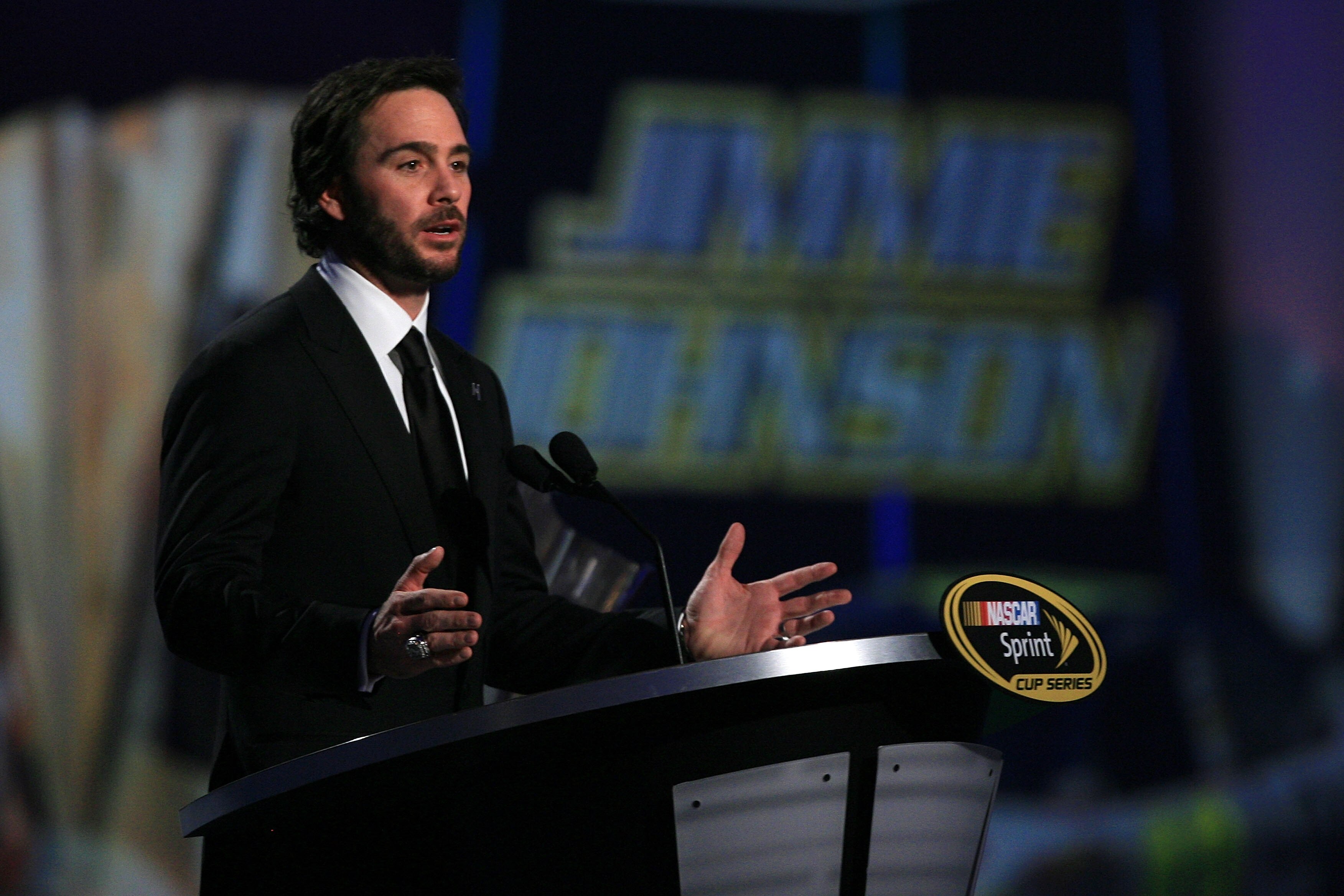 LAS VEGAS, NV - DECEMBER 03:  Five-time champion Jimmie Johnson speaks during the NASCAR Sprint Cup Series awards banquet at the Wynn Las Vegas Hotel on December 3, 2010 in Las Vegas, Nevada.  (Photo by Chris Trotman/Getty Images)