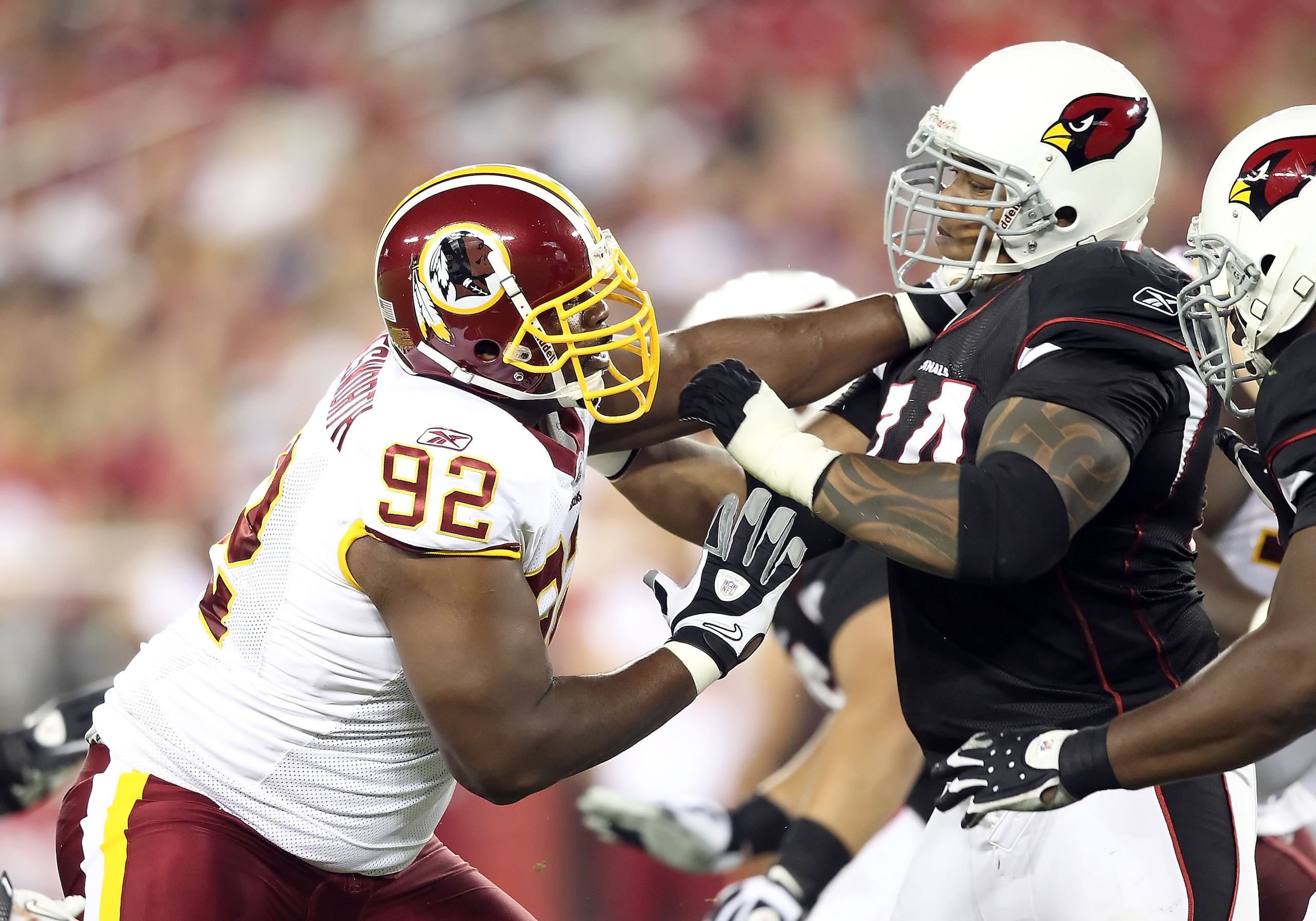 GLENDALE, AZ - SEPTEMBER 02:  Defensive tackle Albert Haynesworth #92 of the Washington Redskins in action during preseason NFL game against the Arizona Cardinals at the University of Phoenix Stadium on September 2, 2010 in Glendale, Arizona.  The Cardina