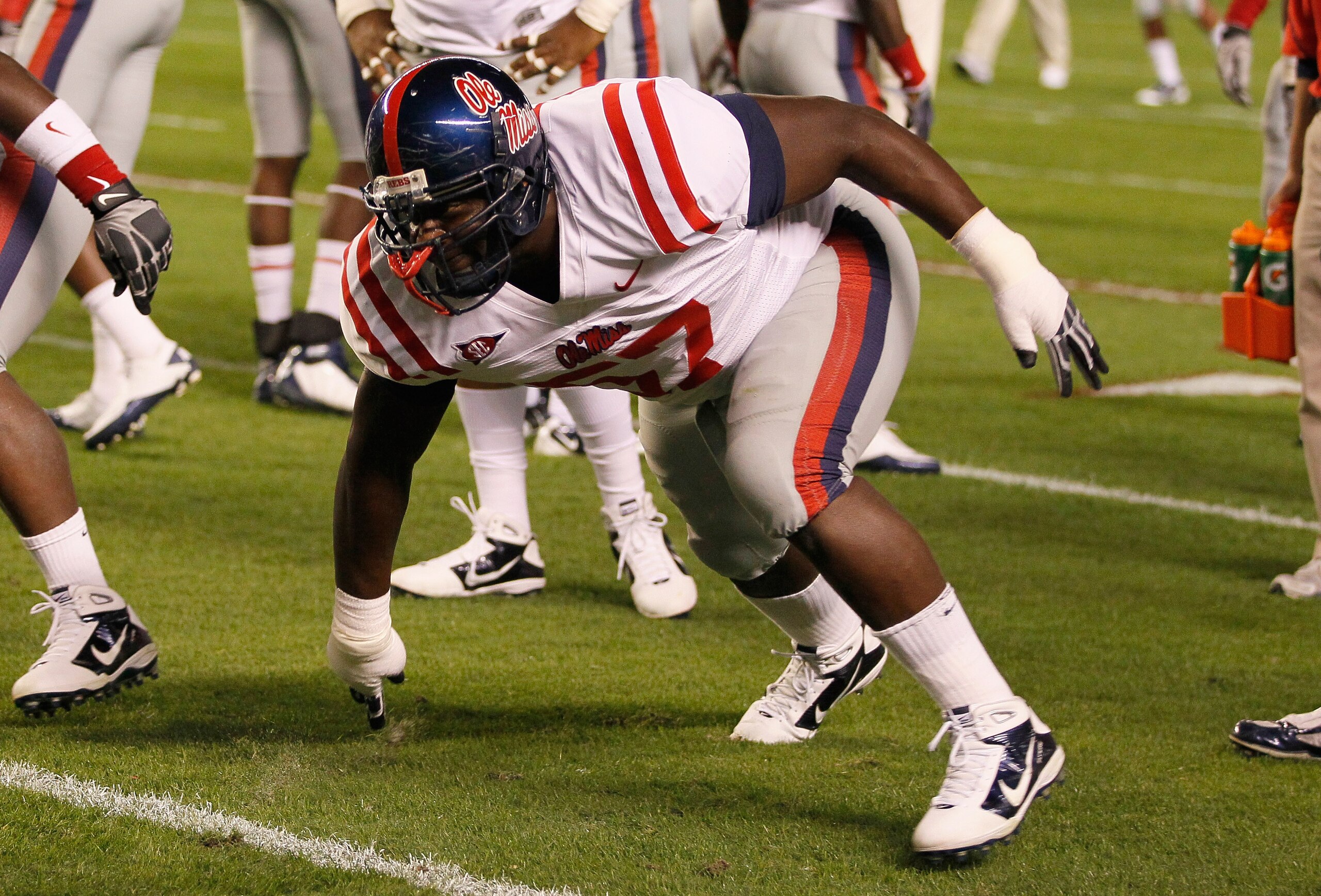 TUSCALOOSA, AL - OCTOBER 16:  Jerrell Powe #57 of the Ole Miss Rebels against the Alabama Crimson Tide at Bryant-Denny Stadium on October 16, 2010 in Tuscaloosa, Alabama.  (Photo by Kevin C. Cox/Getty Images)