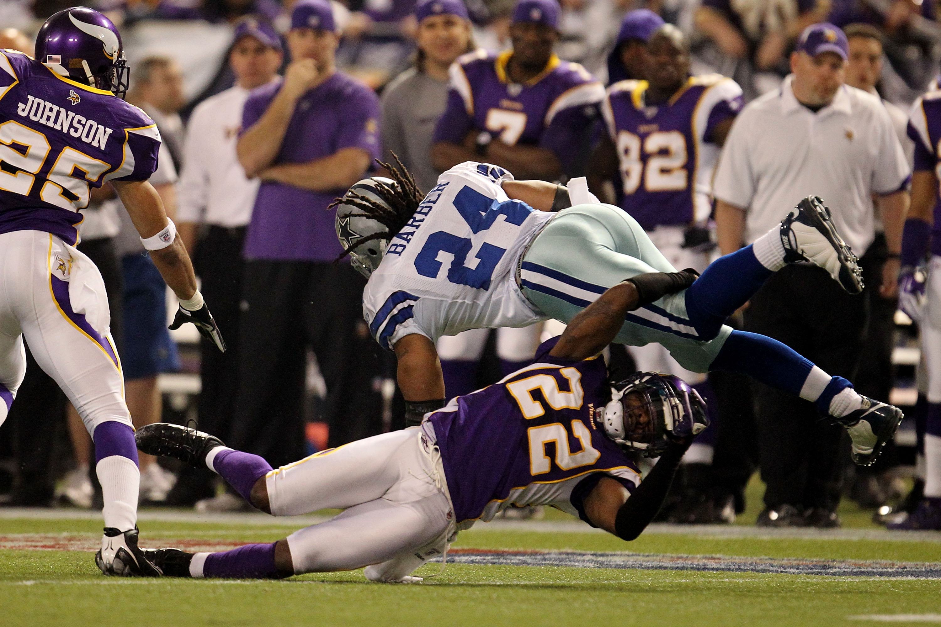 MINNEAPOLIS - JANUARY 17:  Cornerback Benny Sapp #22 of the Minnesota Vikings tackles against Marion Barber #24 of the Dallas Cowboys during the second quarter of the NFC Divisional Playoff Game at Hubert H. Humphrey Metrodome on January 17, 2010 in Minne