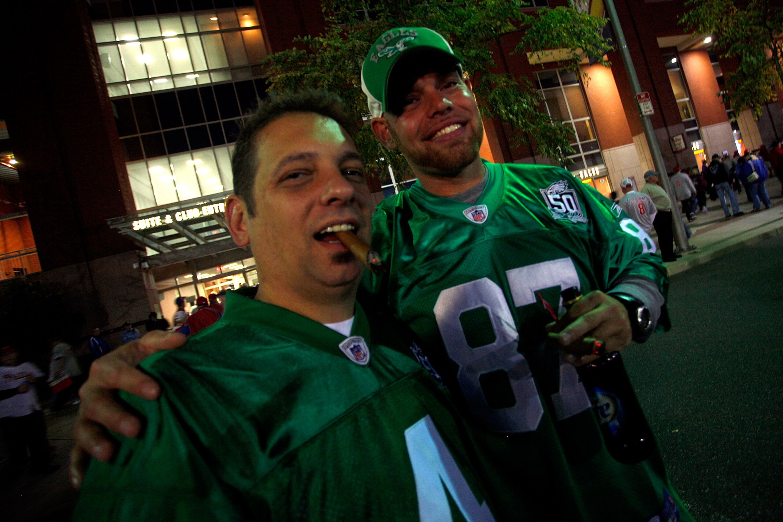 PHILADELPHIA - OCTOBER 17:  Two Philadelphia Eagles fans pose outside Citizens Bank Park before Game Two of the NLCS during the 2010 MLB Playoffs between the San Francisco Giants and Philadelphia Phillies on October 17, 2010 in Philadelphia, Pennsylvania.