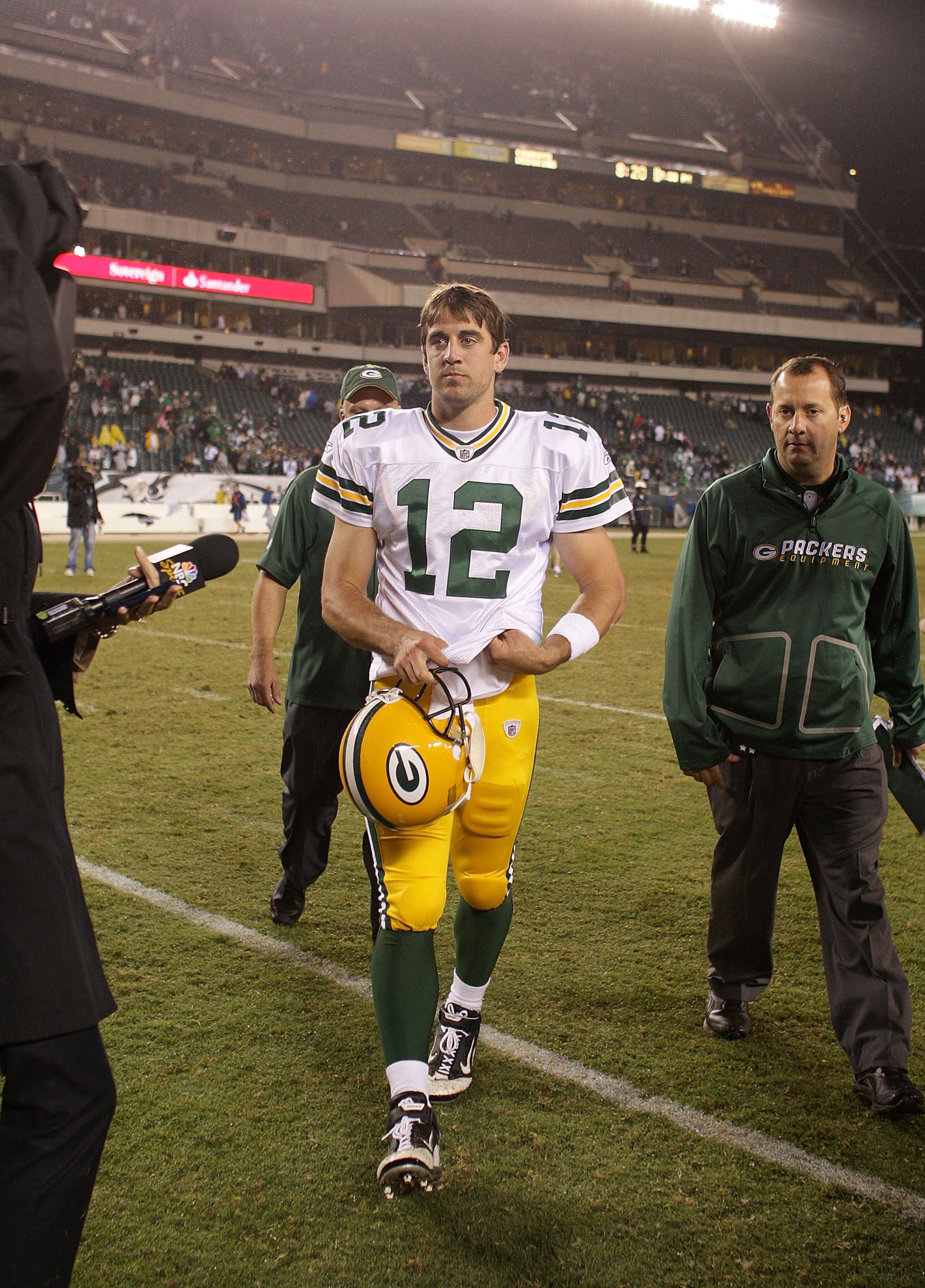 PHILADELPHIA - SEPTEMBER 12:  Aaron Rodgers #12 of the Green Bay Packers walks off the field after a win against the Philadelphia Eagles at Lincoln Financial Field on September 12, 2010 in Philadelphia, Pennsylvania.  (Photo by Mike Ehrmann/Getty Images)