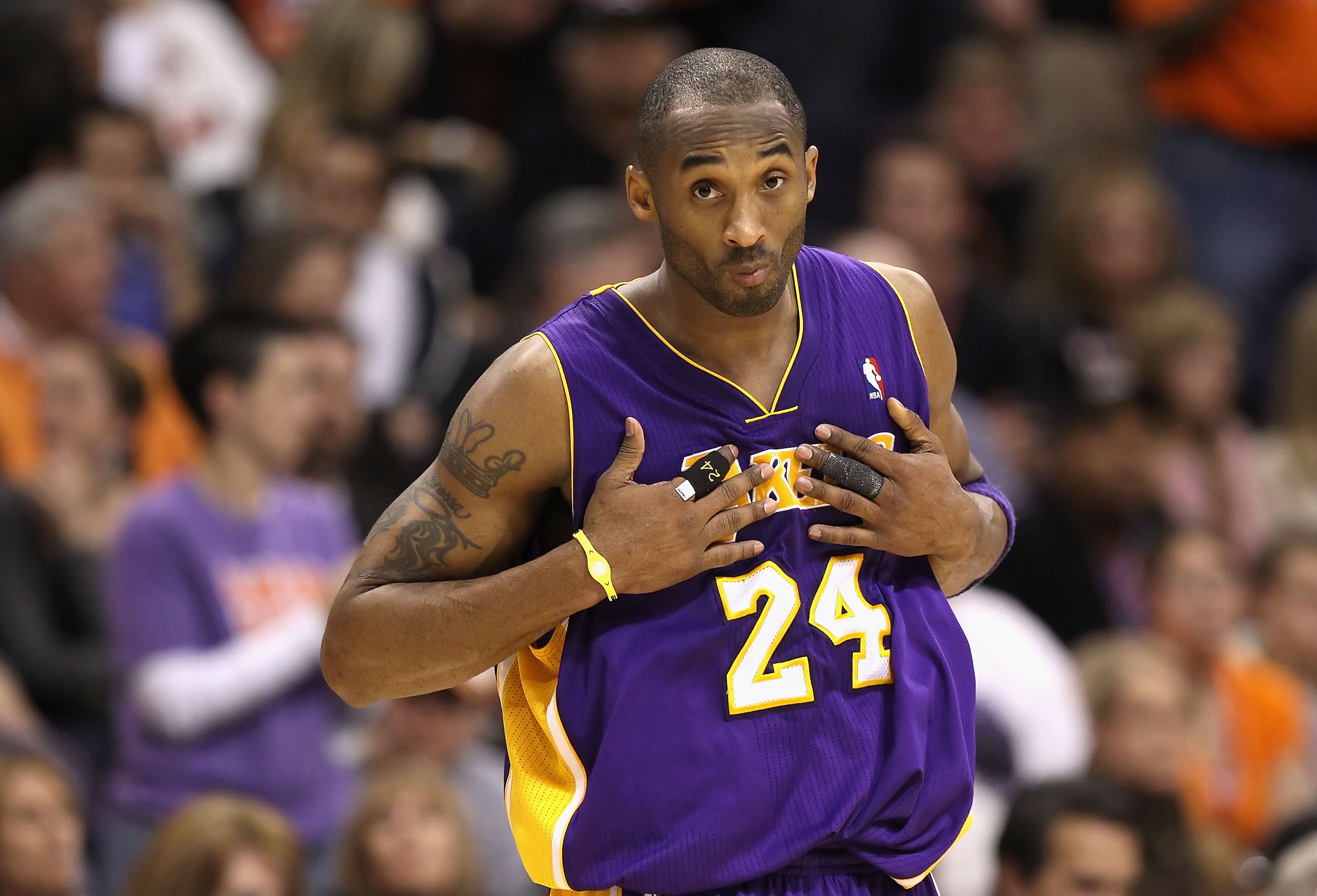 PHOENIX - JANUARY 05: Kobe Bryant #24 of the Los Angeles Lakers reacts during the NBA game against the Phoenix Suns at US Airways Center on January 5, 2011 in Phoenix, Arizona. The Lakers defeated the Suns 99-95. NOTE TO USER: User expressly acknowledges