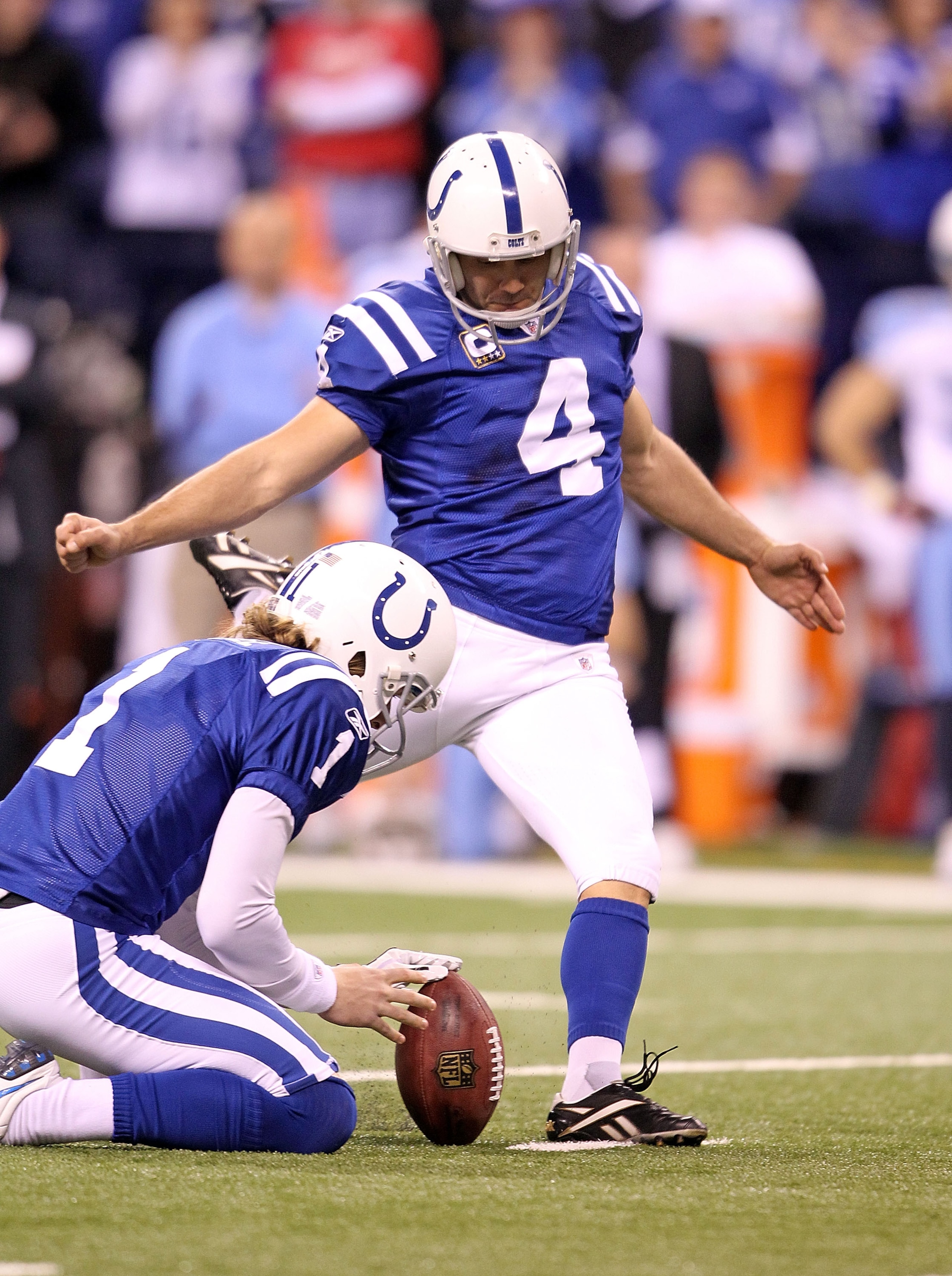 INDIANAPOLIS - JANUARY 02:  Adam Vinatieri #4 of the Indianapolis Colts kicks a 43 yard field goal as time expires to beat the Tennessee Titans 23-20 at Lucas Oil Stadium on January 2, 2011 in Indianapolis, Indiana.  (Photo by Andy Lyons/Getty Images)