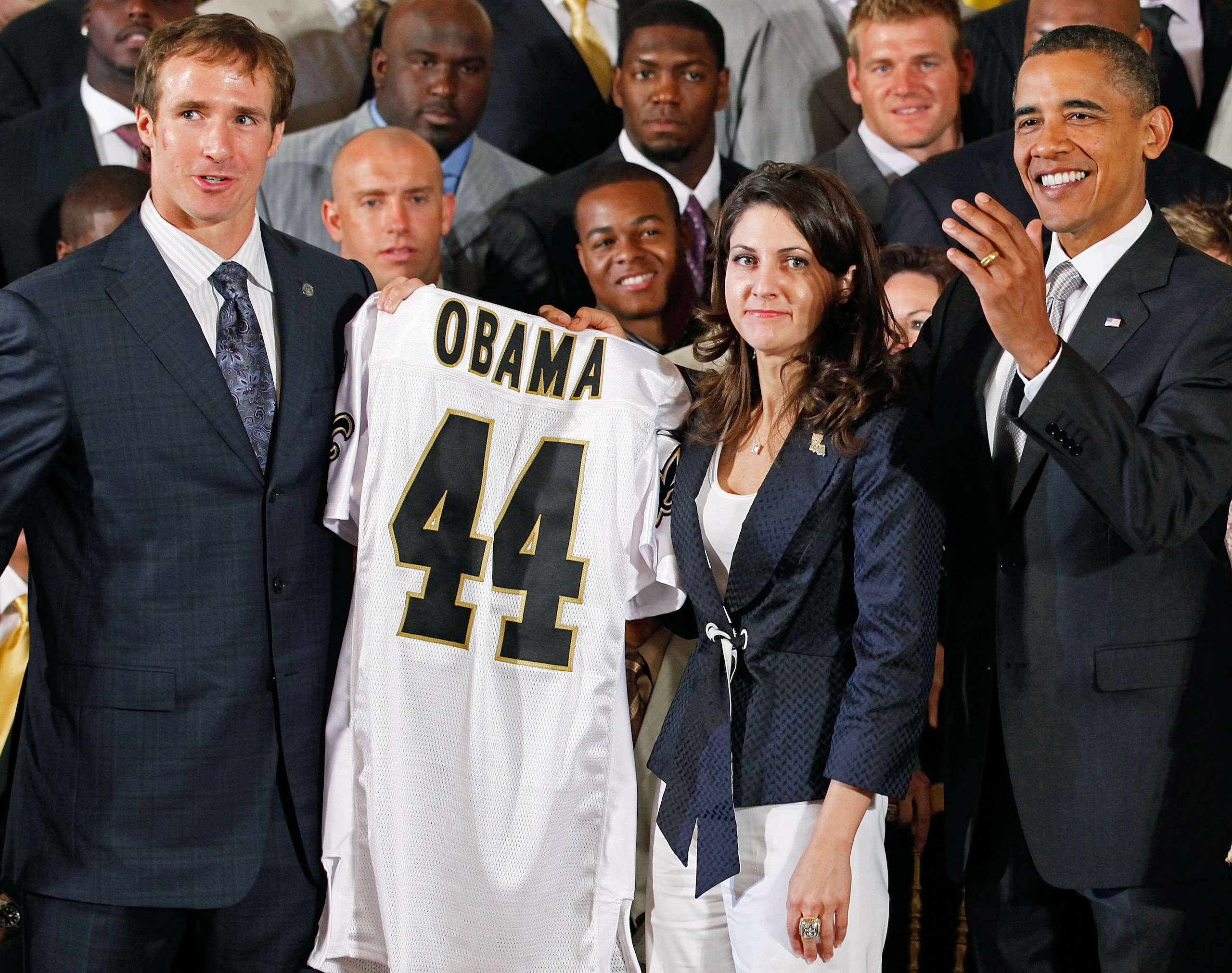 WASHINGTON - AUGUST 09: U.S. President Barack Obama (R) poses for photograph with New Orleans Saints quarterback Drew Brees (L) and team owner and Executive Vice President Rita Benson LeBlanc during a reception for the 2010 National Football League Super WASHINGTON - AUGUST 09: U.S. President Barack Obama (R) poses for photograph with New Orleans Saints quarterback Drew Brees (L) and team owner and Executive Vice President Rita Benson LeBlanc during a reception for the 2010 National Football League Super
