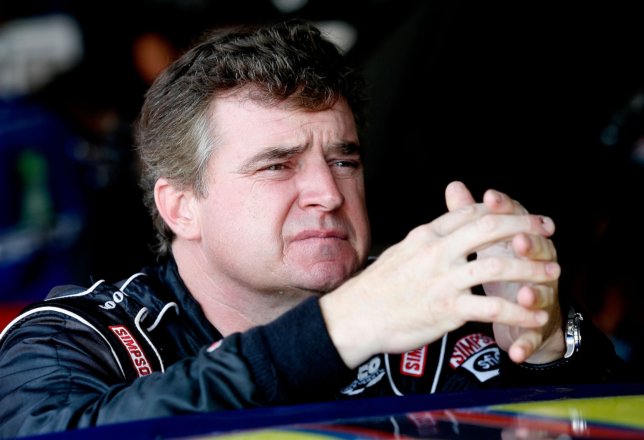 DARLINGTON, SC - MAY 07:  Joe Nemechek, driver of the #87 NEMCO Motorsports Toyota waits in the garage during practice for the NASCAR Sprint Cup Series SHOWTIME Southern 500 at Darlington Raceway on May 7, 2010 in Darlington, South Carolina.  (Photo by To