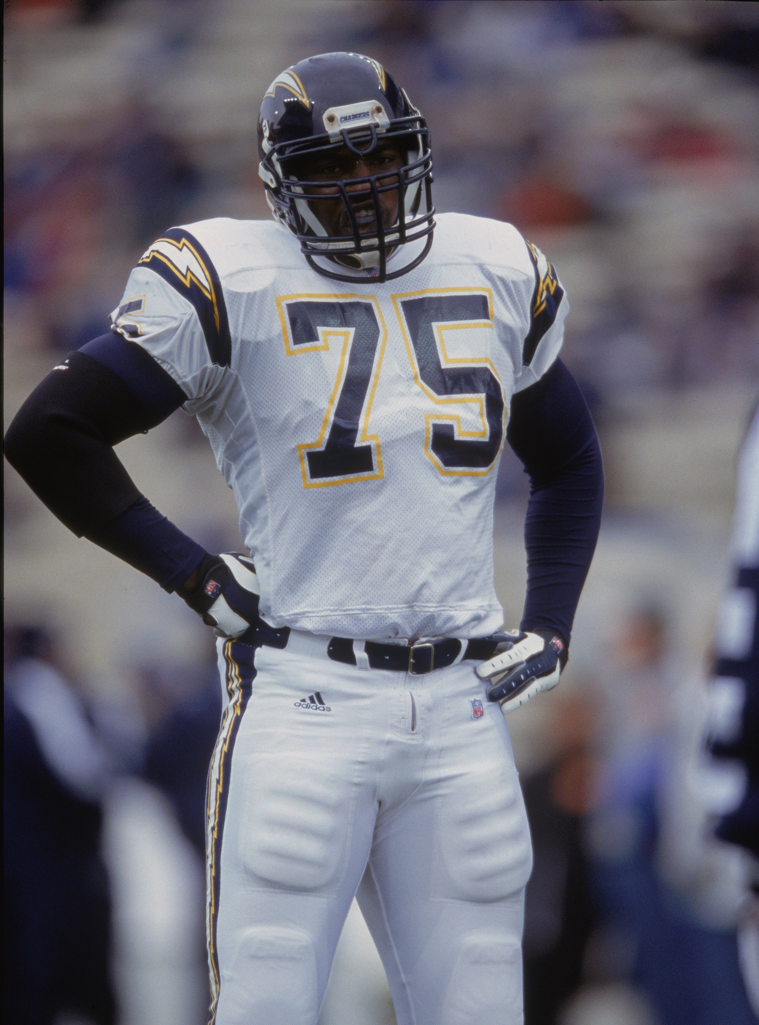2 Dec 2001:  Marcellus Wiley #75 of the San Diego Chargers stands on the field during the game against the Seattle Seahawks at the Husky Stadium in Seattle, Washington. The Seahawks defeated the Chargers 13-10.Mandatory Credit:  Otto Greule  /Allsport