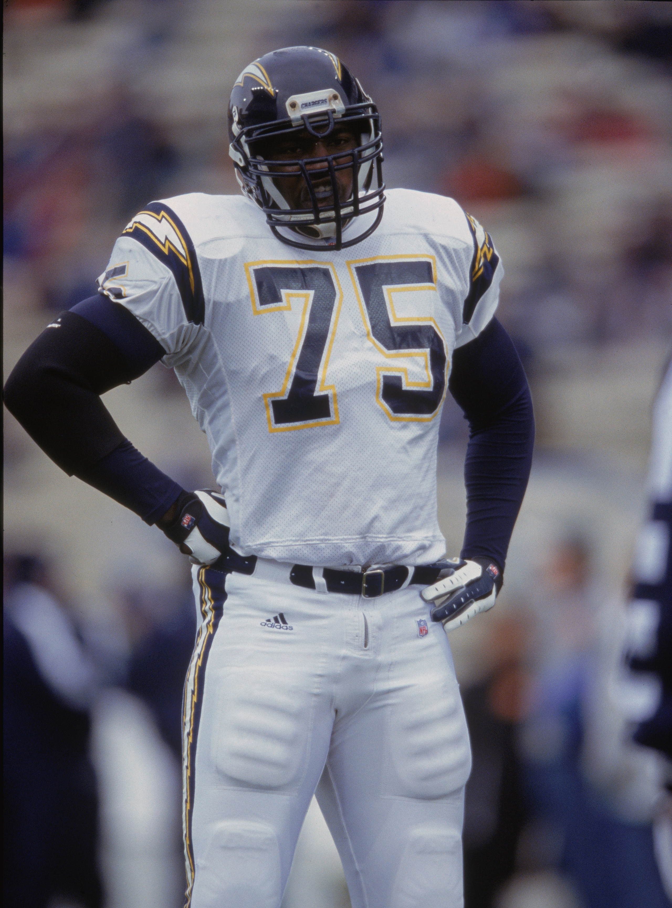 2 Dec 2001:  Marcellus Wiley #75 of the San Diego Chargers stands on the field during the game against the Seattle Seahawks at the Husky Stadium in Seattle, Washington. The Seahawks defeated the Chargers 13-10.Mandatory Credit:  Otto Greule  /Allsport