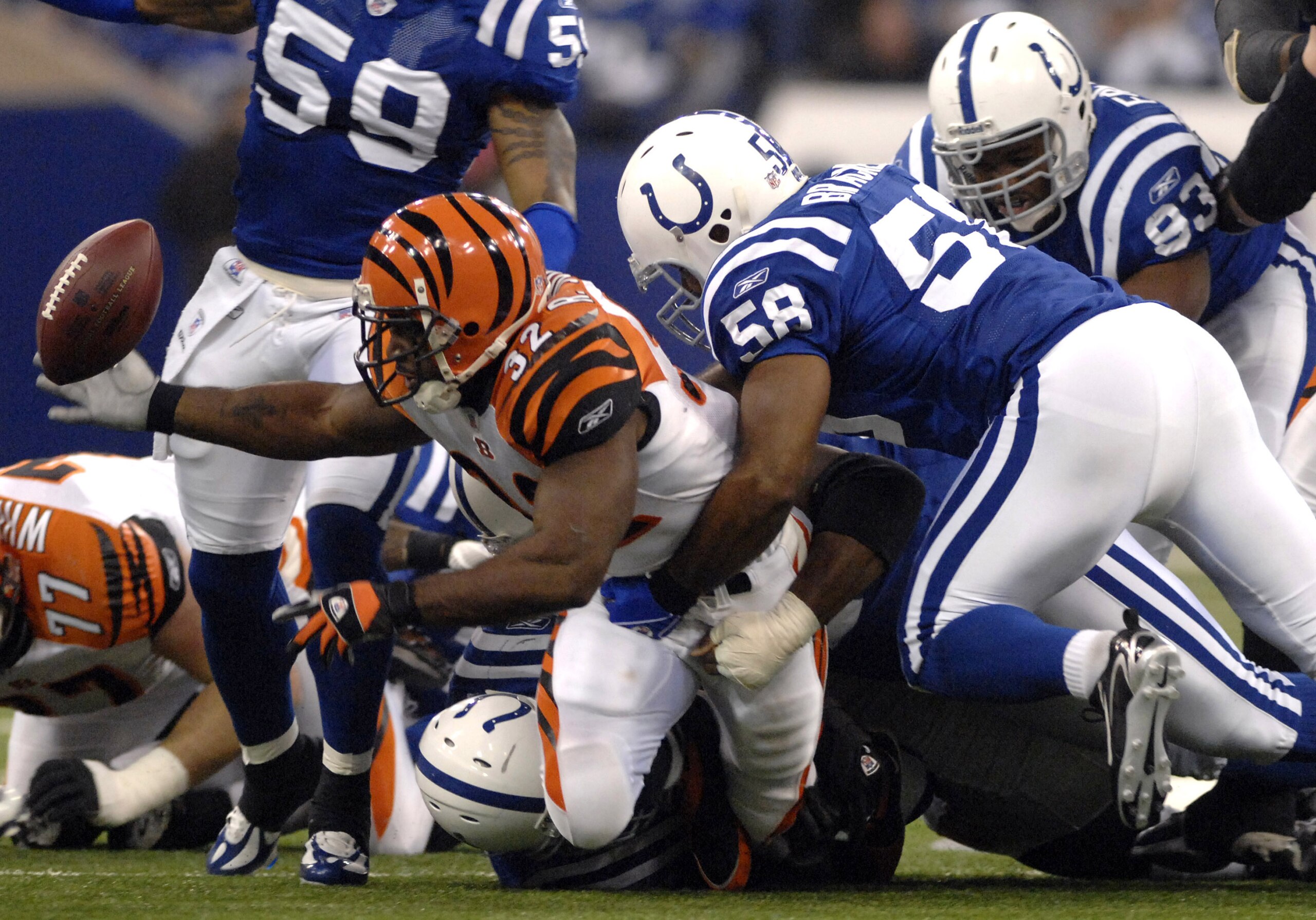 Cincinnati Bengals running back Rudi Johnson fumbles against the Indianapolis Colts Dec. 18, 2006 in the RCA Dome in Indianapolis.  (Photo by Al Messerschmidt/Getty Images)