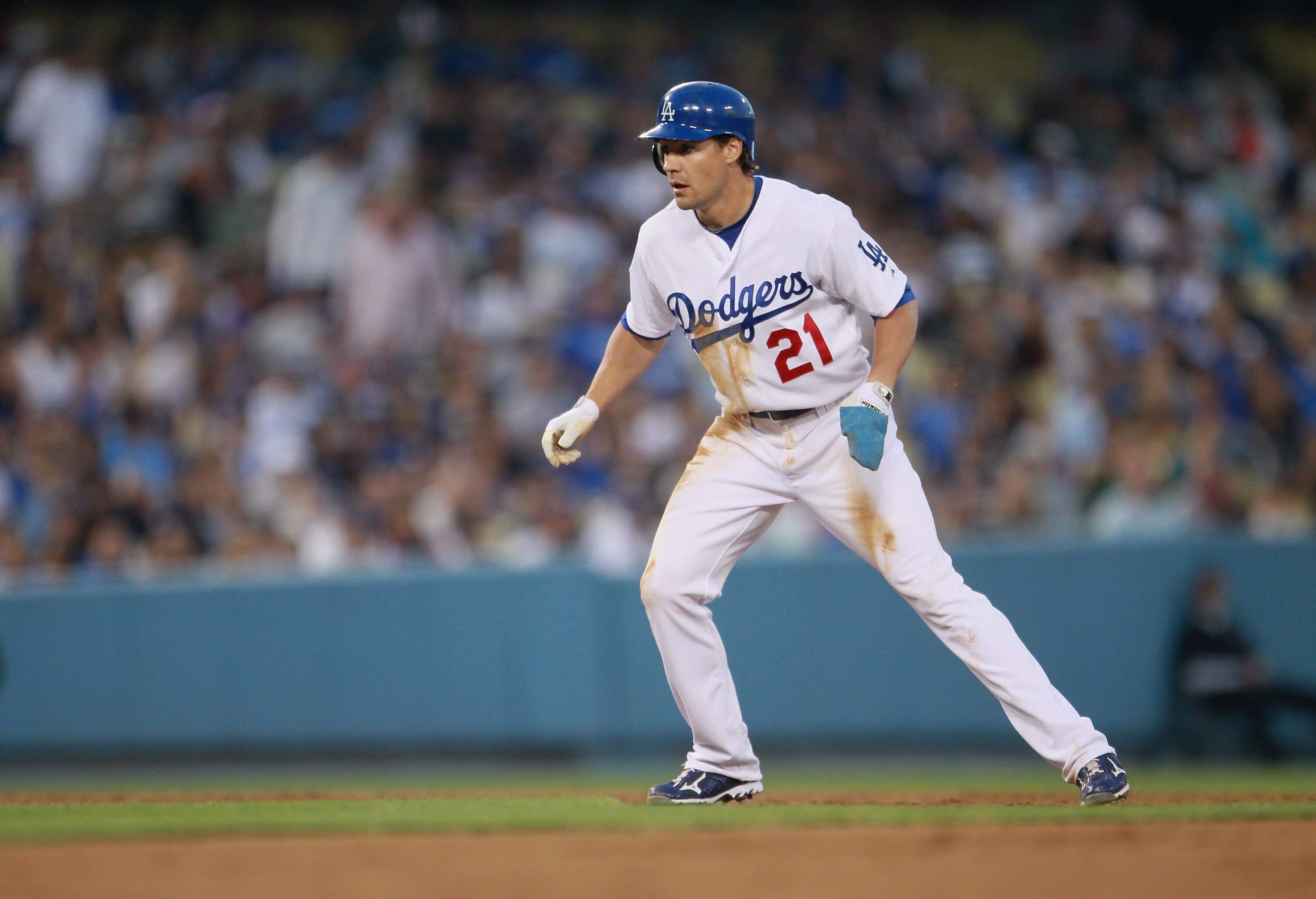 LOS ANGELES, CA - AUGUST 04:  Scott Podsednik #21 of the Los Angeles Dodgers plays in the game against the San Diego Padres at Dodger Stadium on August 4, 2010 in Los Angeles, California.  (Photo by Jeff Gross/Getty Images)