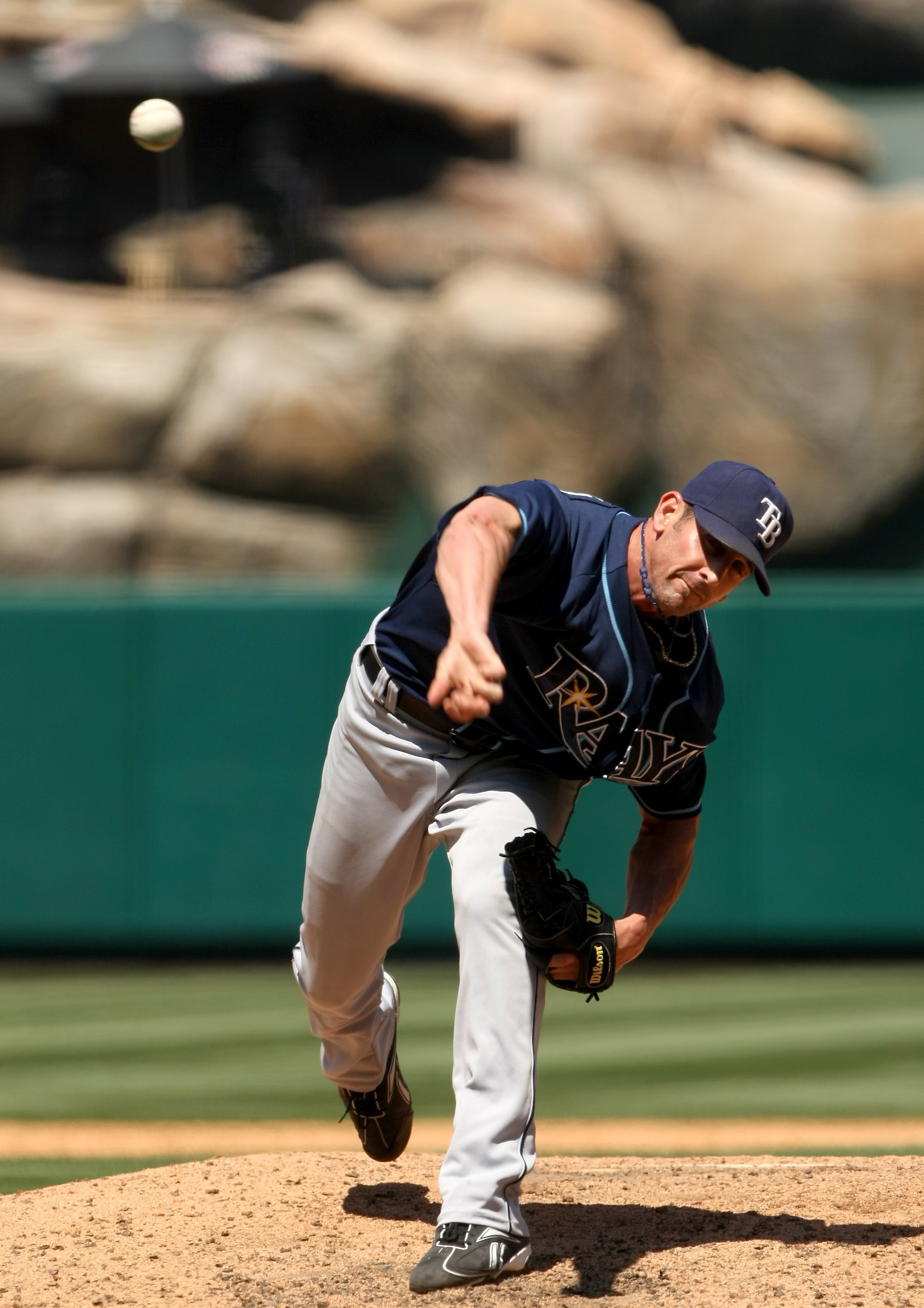 ANAHEIM, CA - AUGUST 12:  Grant Balfour  #50 of the Tampa Bay Rays pitches against the Los Angeles Angels of Anaheim on August 12, 2009 at Angel Stadium in Anaheim, California.  The Angels won 10-5.  (Photo by Stephen Dunn/Getty Images)