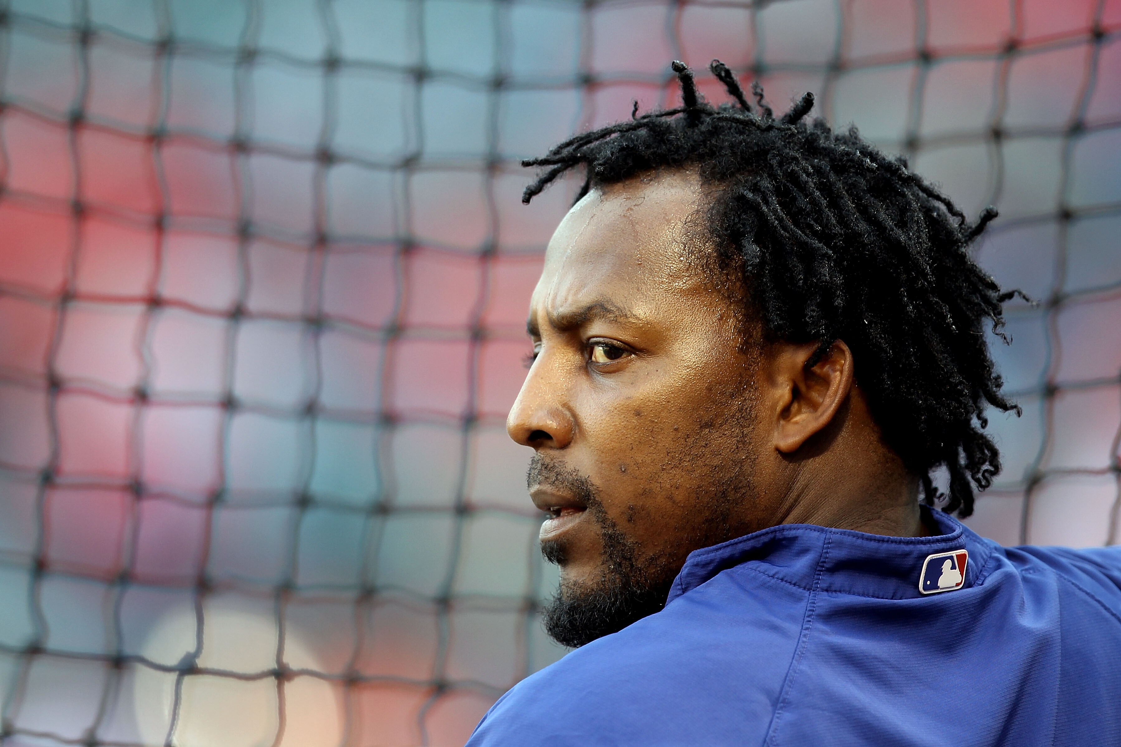 ARLINGTON, TX - OCTOBER 31:  Vladimir Guerrero #27 of the Texas Rangers looks on during batting practice against the San Francisco Giants in Game Four of the 2010 MLB World Series at Rangers Ballpark in Arlington on October 31, 2010 in Arlington, Texas.  