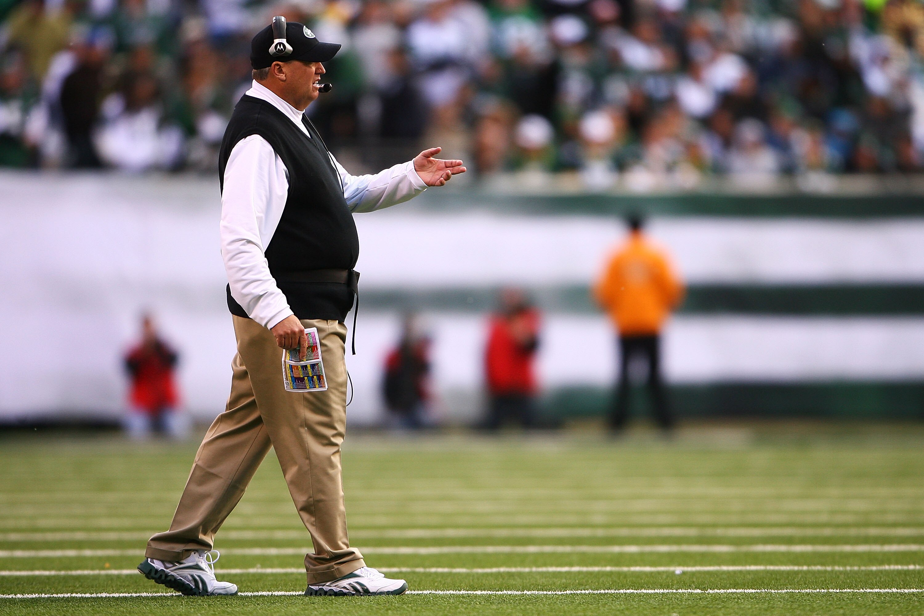 EAST RUTHERFORD, NJ - OCTOBER 31:  Rex Ryan, head couch of the New York Jets walks out onto the field after a call from a referee during a game against the Green Bay Packers on October 31, 2010 at the New Meadowlands Stadium in East Rutherford, New Jersey