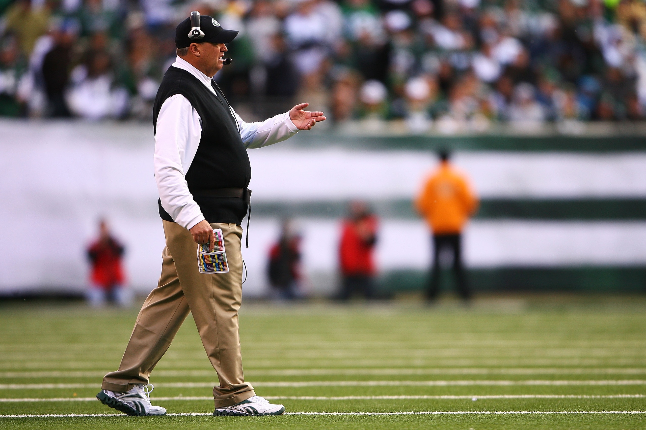 EAST RUTHERFORD, NJ - OCTOBER 31:  Rex Ryan, head couch of the New York Jets walks out onto the field after a call from a referee during a game against the Green Bay Packers on October 31, 2010 at the New Meadowlands Stadium in East Rutherford, New Jersey