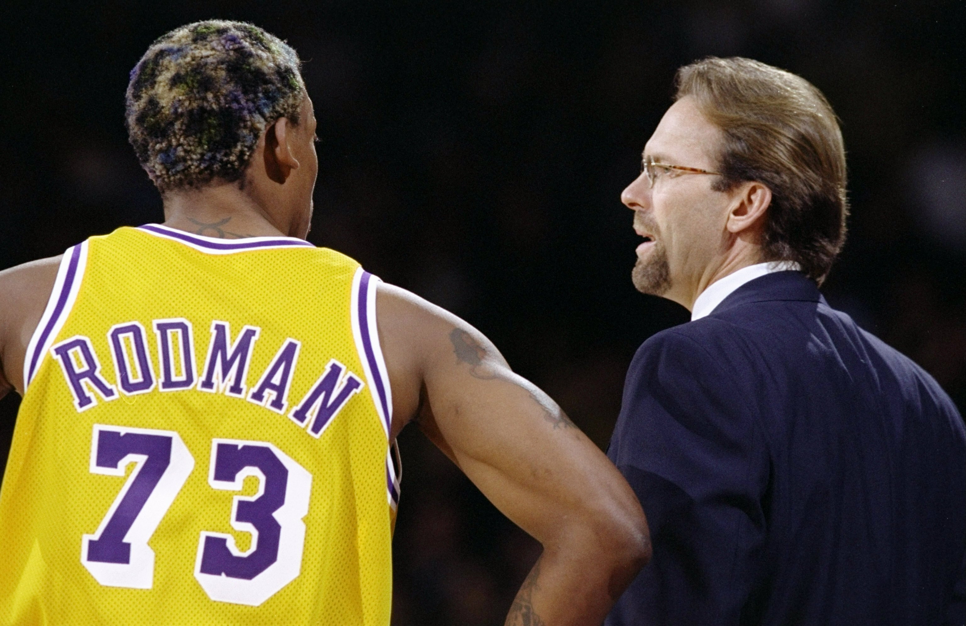 26 Feb 1999: Dennis Rodman #73 of the Los Angeles Lakers talks to new head coach Kurt Rambis during the game against the Los Angeles Clippers at the Great Western Forum in Inglewood, California. The Lakers defeated the Clippers 99-83.  Mandatory Credit: E