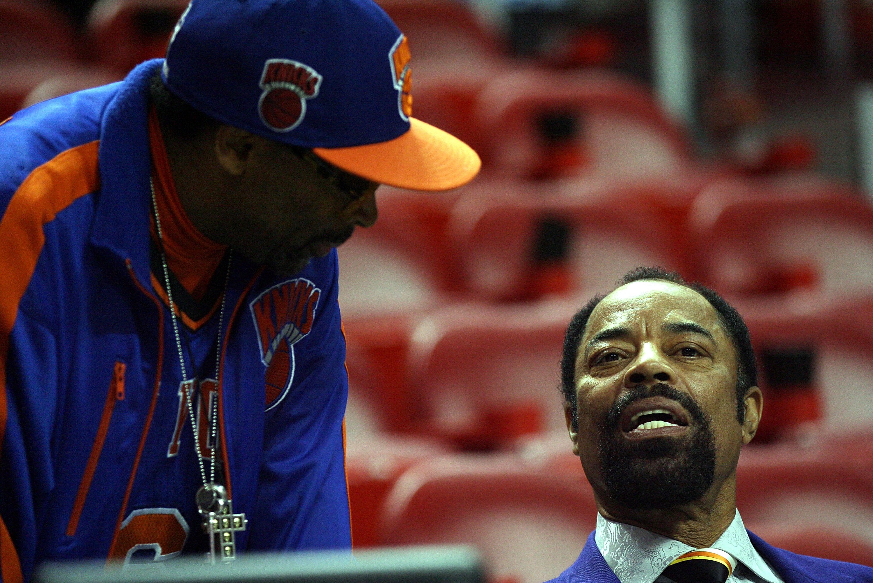 MIAMI - DECEMBER 28:  Actor/ Director Spike Lee with NBA Legend Walt Frazier at the Miami Heat against the New York Knicks game at American Airlines Arena on December 28, 2010 in Miami, Florida.  (Photo by Marc Serota/Getty Images)