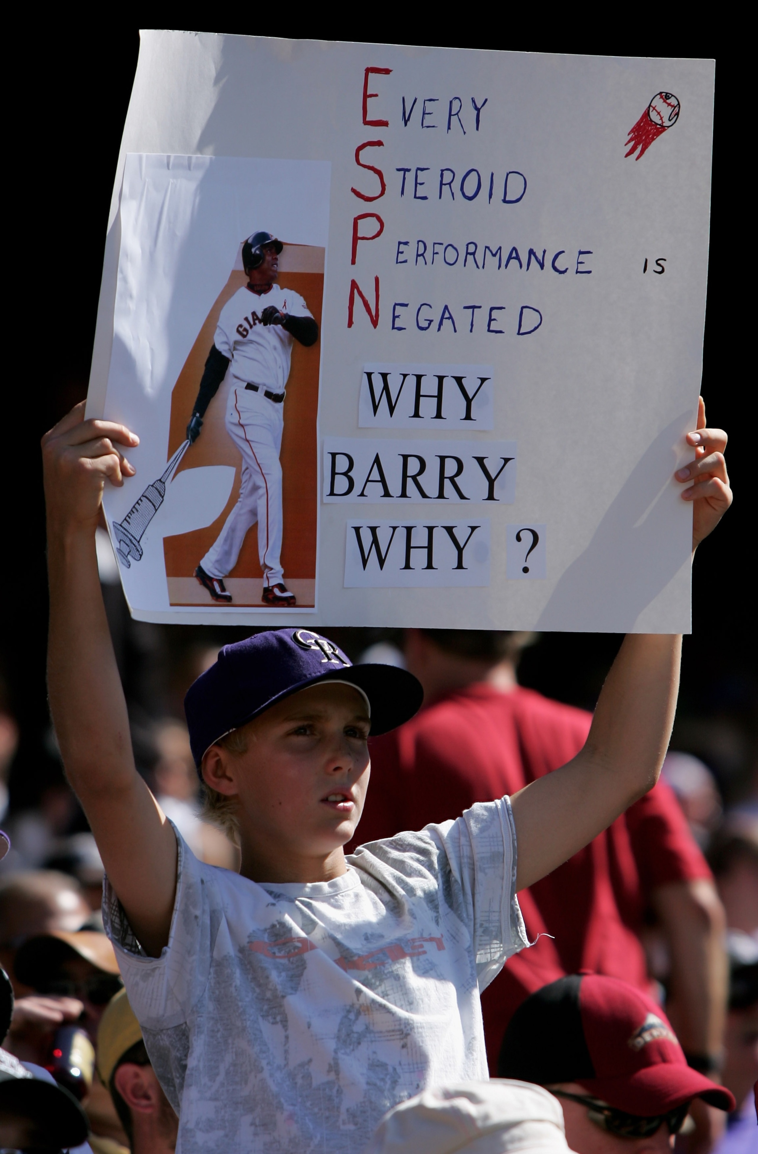 DENVER - SEPTEMBER 3: A fan hold up a sign referencing Barry Bonds of the San Francisco Giants as Bonds did not play against the Colorado Rockies as the Rockies defeated the Giants 7-4 at Coors Field September 3, 2007 in Denver, Colorado. (Photo by Doug DENVER - SEPTEMBER 3: A fan hold up a sign referencing Barry Bonds of the San Francisco Giants as Bonds did not play against the Colorado Rockies as the Rockies defeated the Giants 7-4 at Coors Field September 3, 2007 in Denver, Colorado. (Photo by Doug