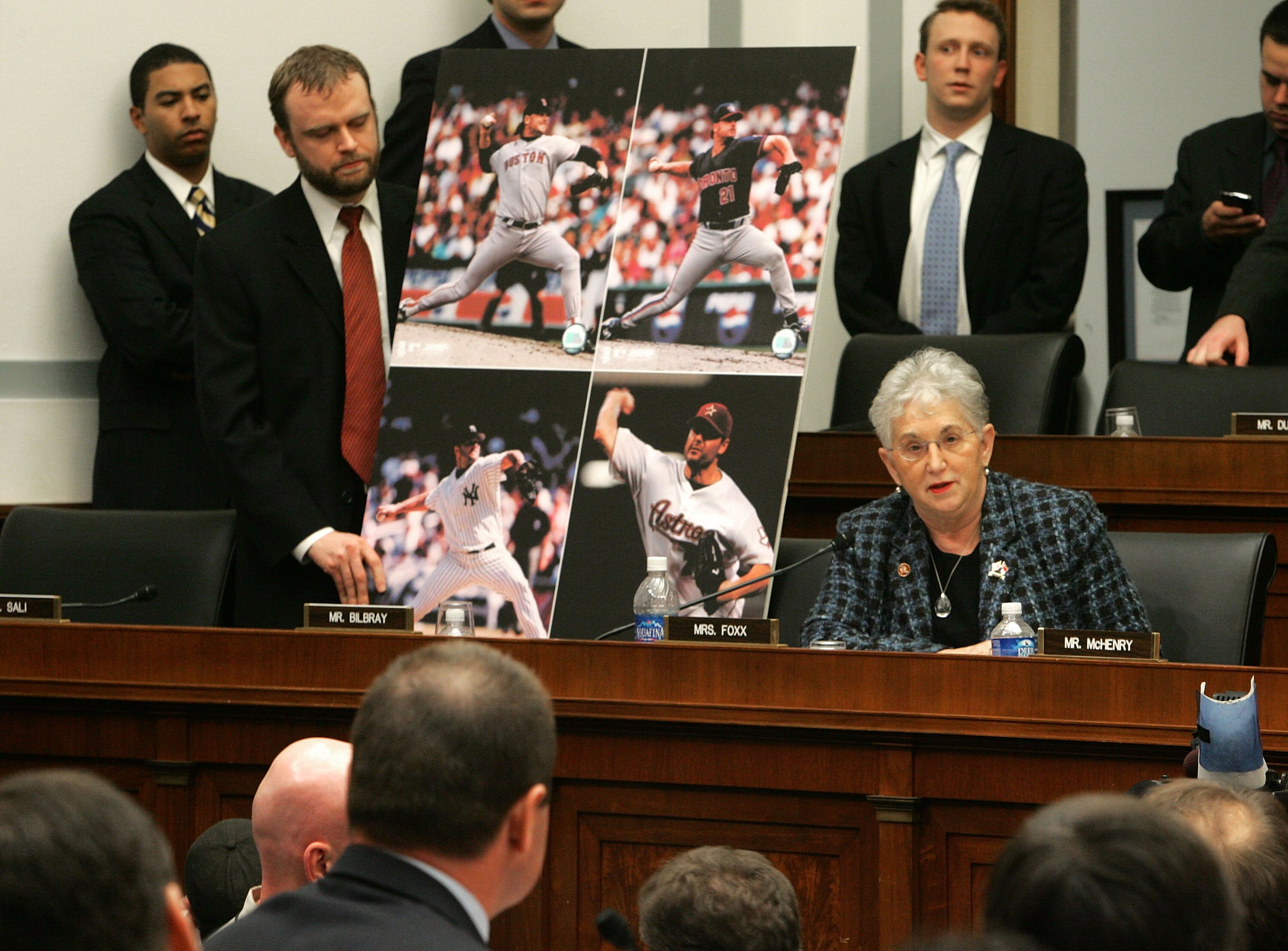 WASHINGTON - FEBRUARY 13:  Rep. Virginia Foxx (R- NC) shows pictures of Major League Baseball player Roger Clemens during a House Oversight and Government Reform Committee hearing February 13, 2008 in Washington, DC. The committee is hearing testimony on