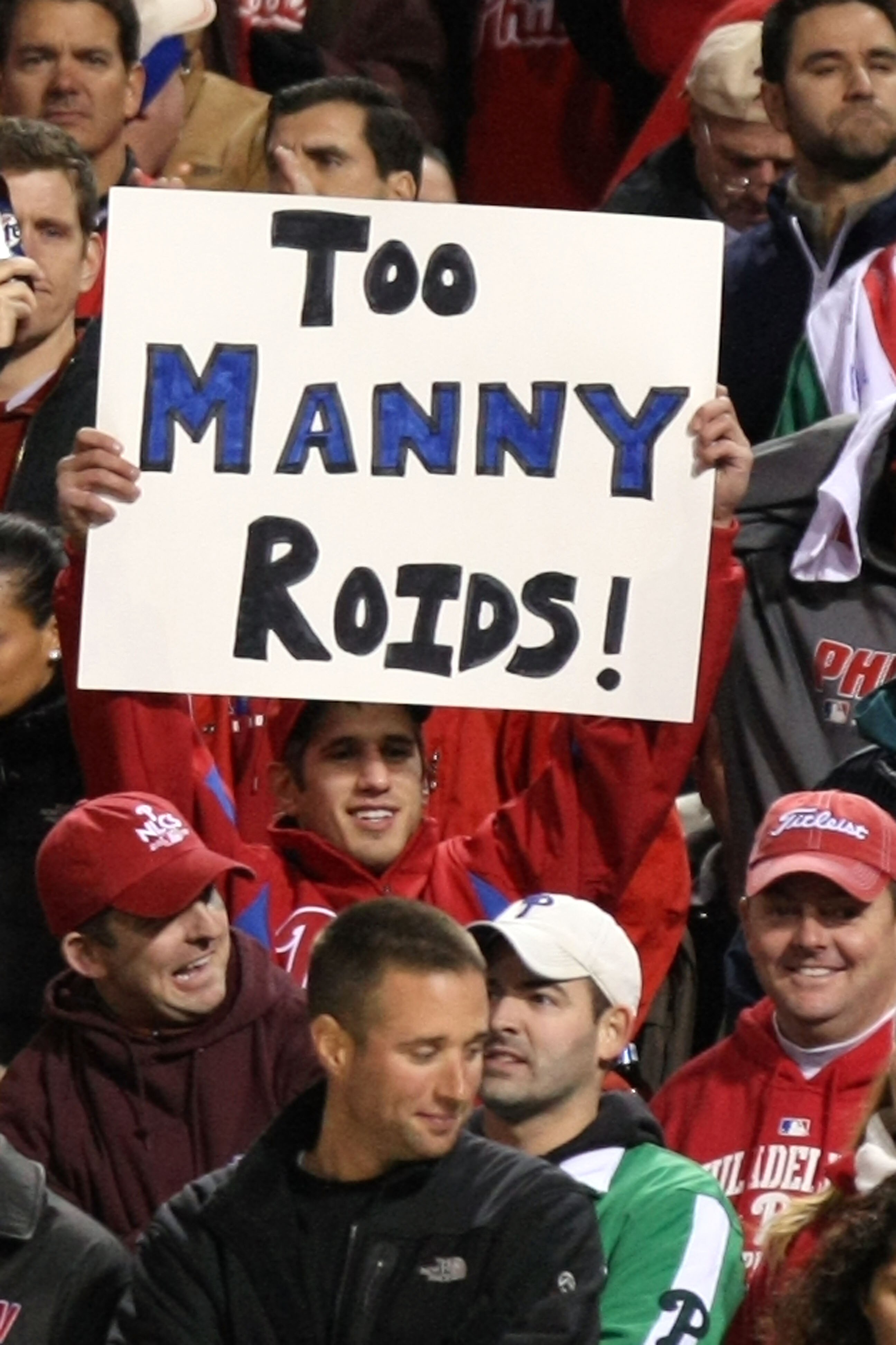 PHILADELPHIA - OCTOBER 18:  A fan holds up a sign for Manny Ramirez as the Philadelphia Phillies take on the Los Angeles Dodgers in Game Three of the NLCS during the 2009 MLB Playoffs at Citizens Bank Park on October 18, 2009 in Philadelphia, Pennsylvania
