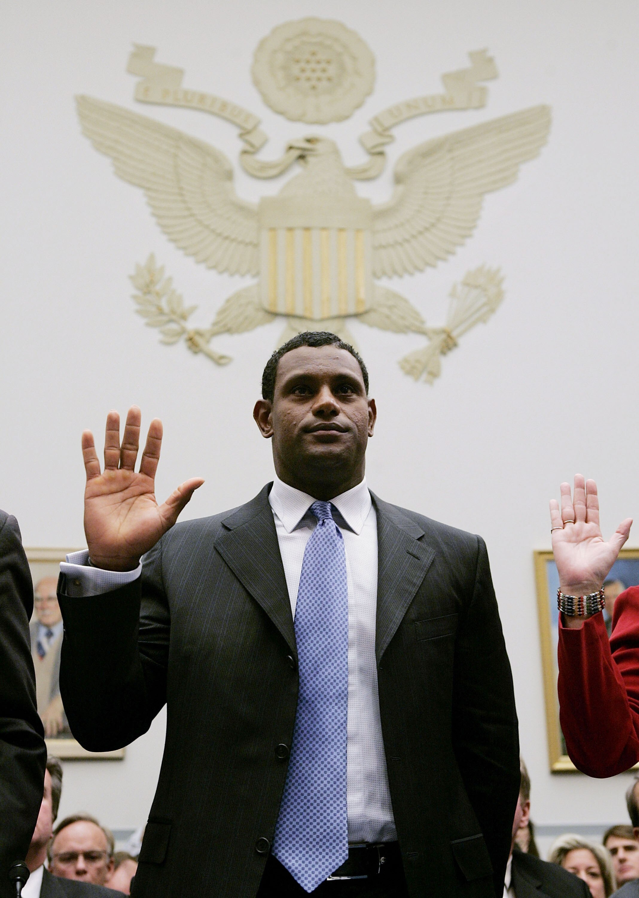 WASHINGTON - MARCH 17:  Former Chicago Cub and current Baltimore Oriole Sammy Sosa  is sworn in during a House Committe session investigating Major League Baseball's effort to eradicate steroid use on Capital Hill March 17, 2005 in Washington, DC. Major L
