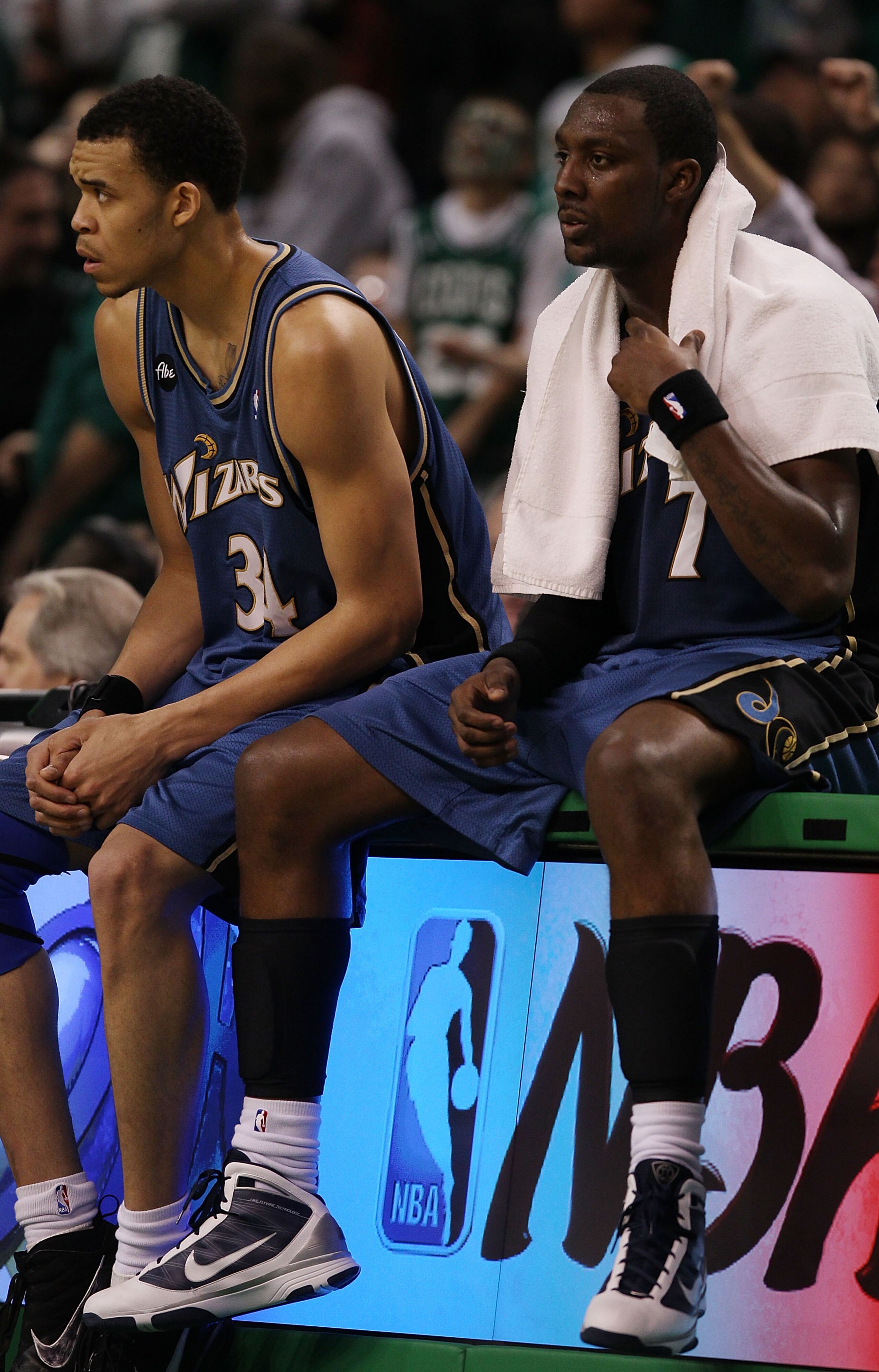 BOSTON - MARCH 07:  JaVale McGee #34 and Andray Blatche #7 of the Washington Wizards wait to go back onto the court after a time out in the final minutes of the game against the Boston Celtics on March 7, 2010 at the TD Garden in Boston, Massachusetts. Th