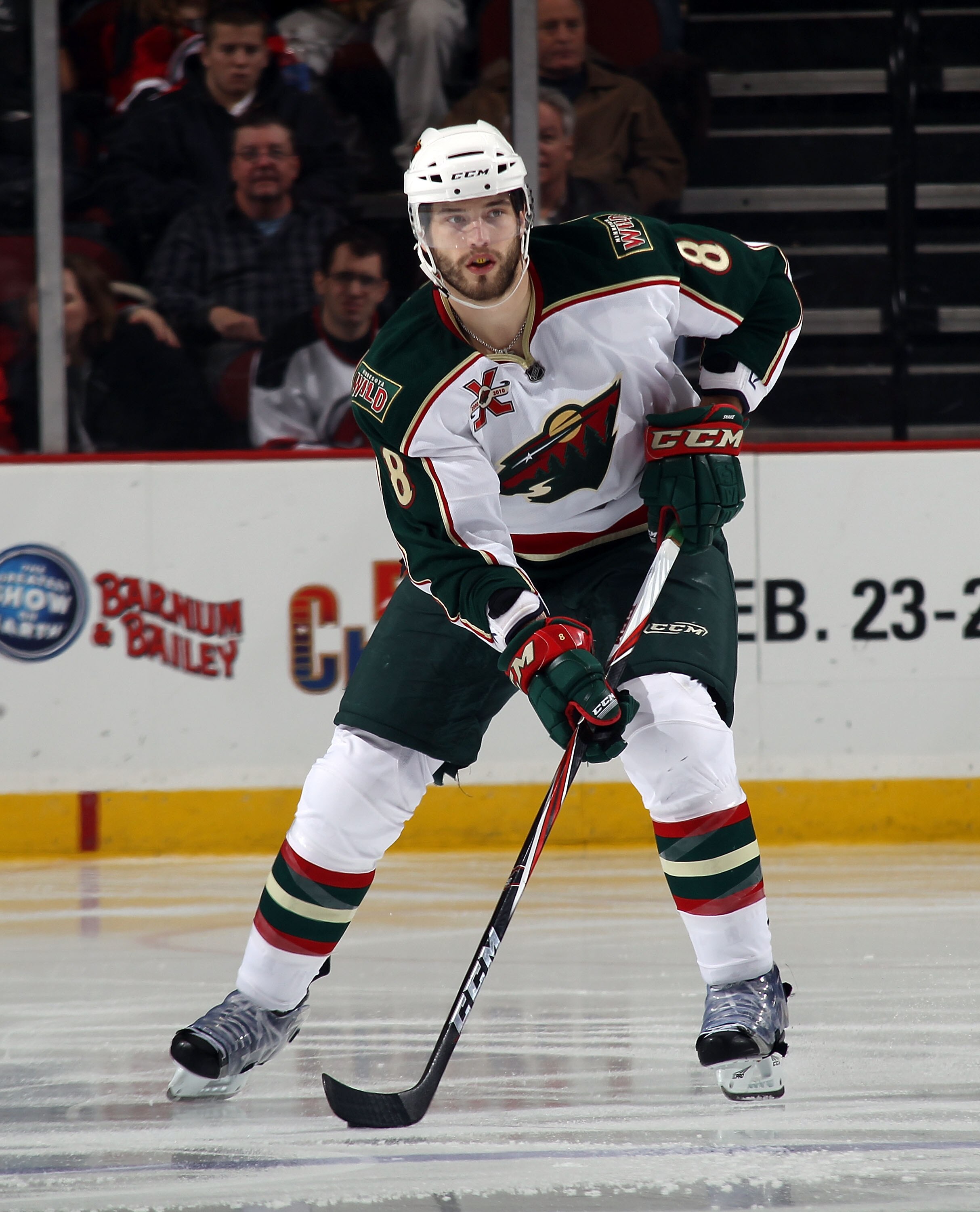NEWARK, NJ - JANUARY 04: Brent Burns #8 of the Minnesota Wild skates against the New Jersey Devils at the Prudential Center on January 4, 2011 in Newark, New Jersey. The Wild defeated the Devils 2-1.  (Photo by Bruce Bennett/Getty Images)
