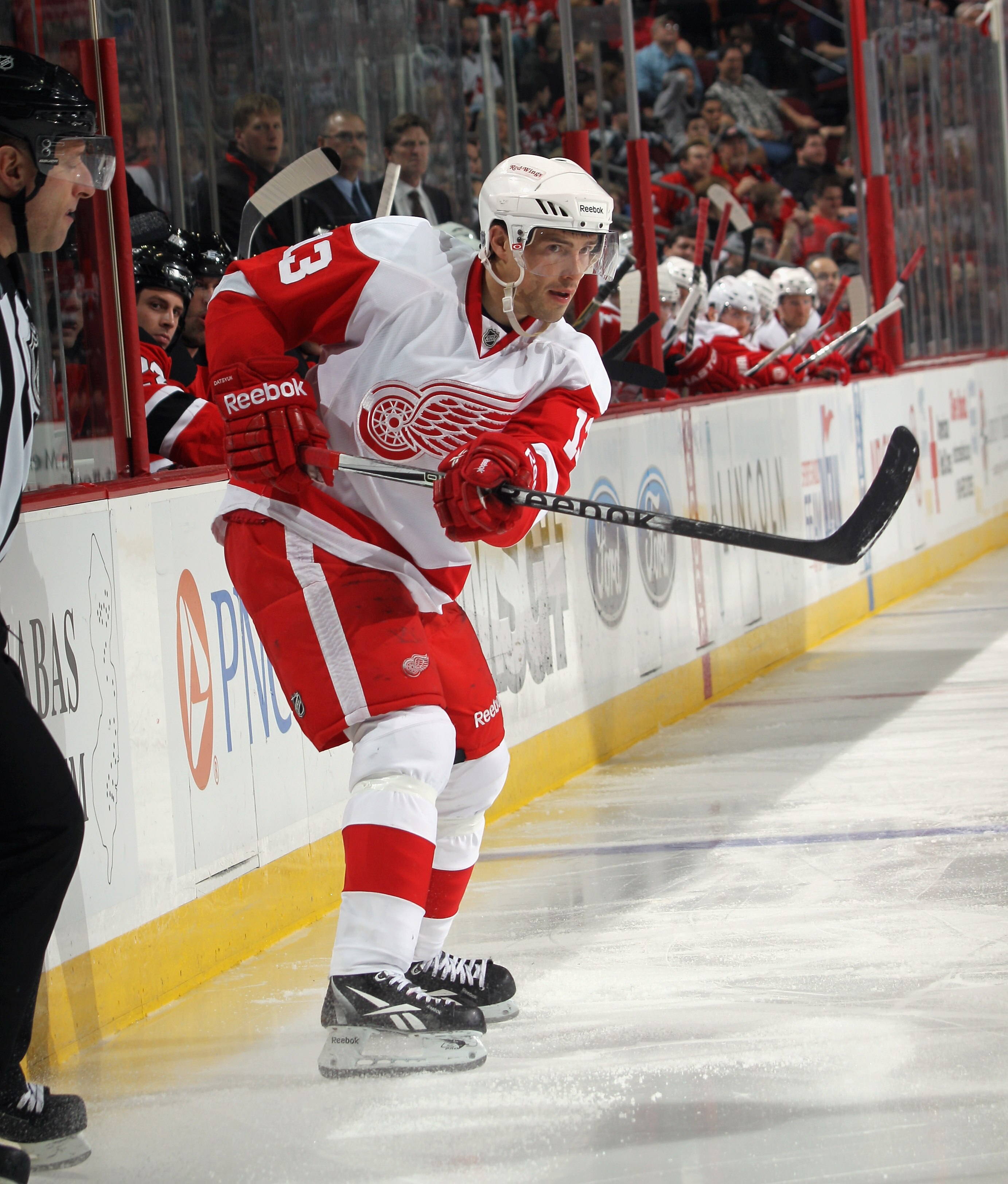 NEWARK, NJ - DECEMBER 11:  Pavel Datsyuk #13 of the Detroit Red Wings skates against the New Jersey Devils at the Prudential Center on December 11, 2010 in Newark, New Jersey. The Red Wings defeated the the Devils 4-1.  (Photo by Bruce Bennett/Getty Image