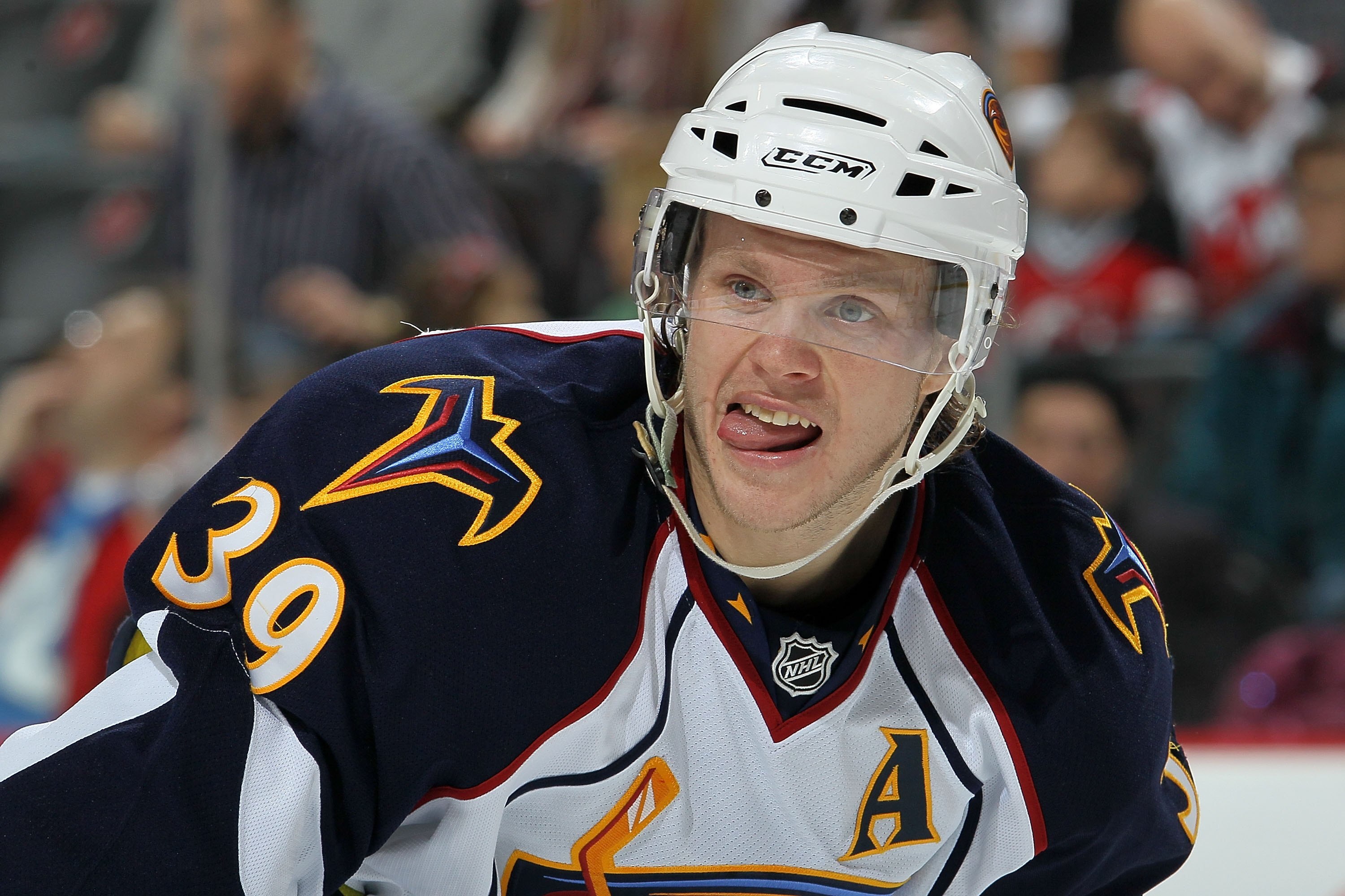 NEWARK, NJ - DECEMBER 31:  Tobias Enstrom #39 of the Atlanta Thrashers looks on against the New Jersey Devils at the Prudential Center on December 31, 2010 in Newark, New Jersey. The Devils defeated the Thrashers 3-1.  (Photo by Jim McIsaac/Getty Images)