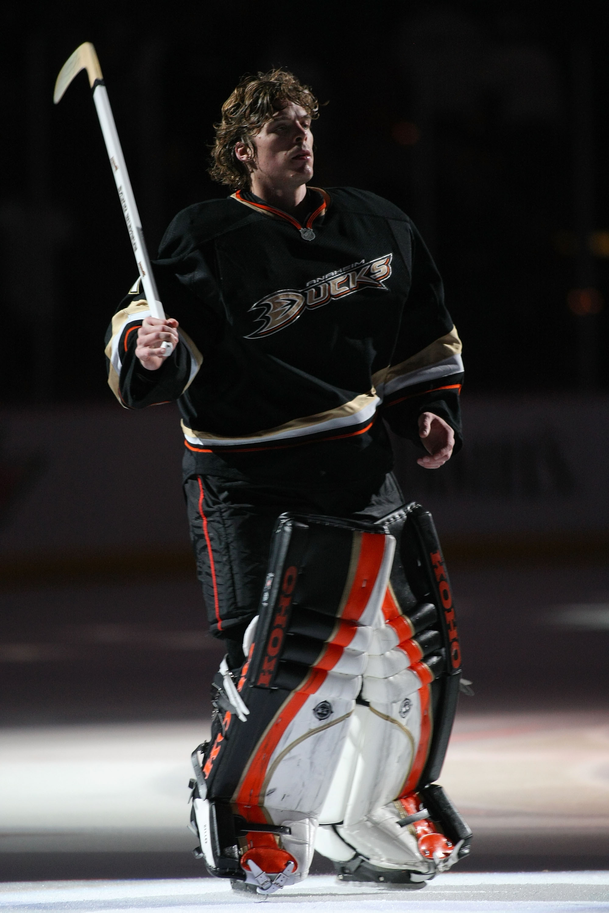 ANAHEIM, CA - JANUARY 02:  Goaltender Jonas Hiller #1 of the Anaheim Ducks skates on the ice after being named the game's number one star afer the Ducks defeated the Chicago Blackhawks 2-1 at Honda Center on January 2, 2011 in Anaheim, California. (Photo