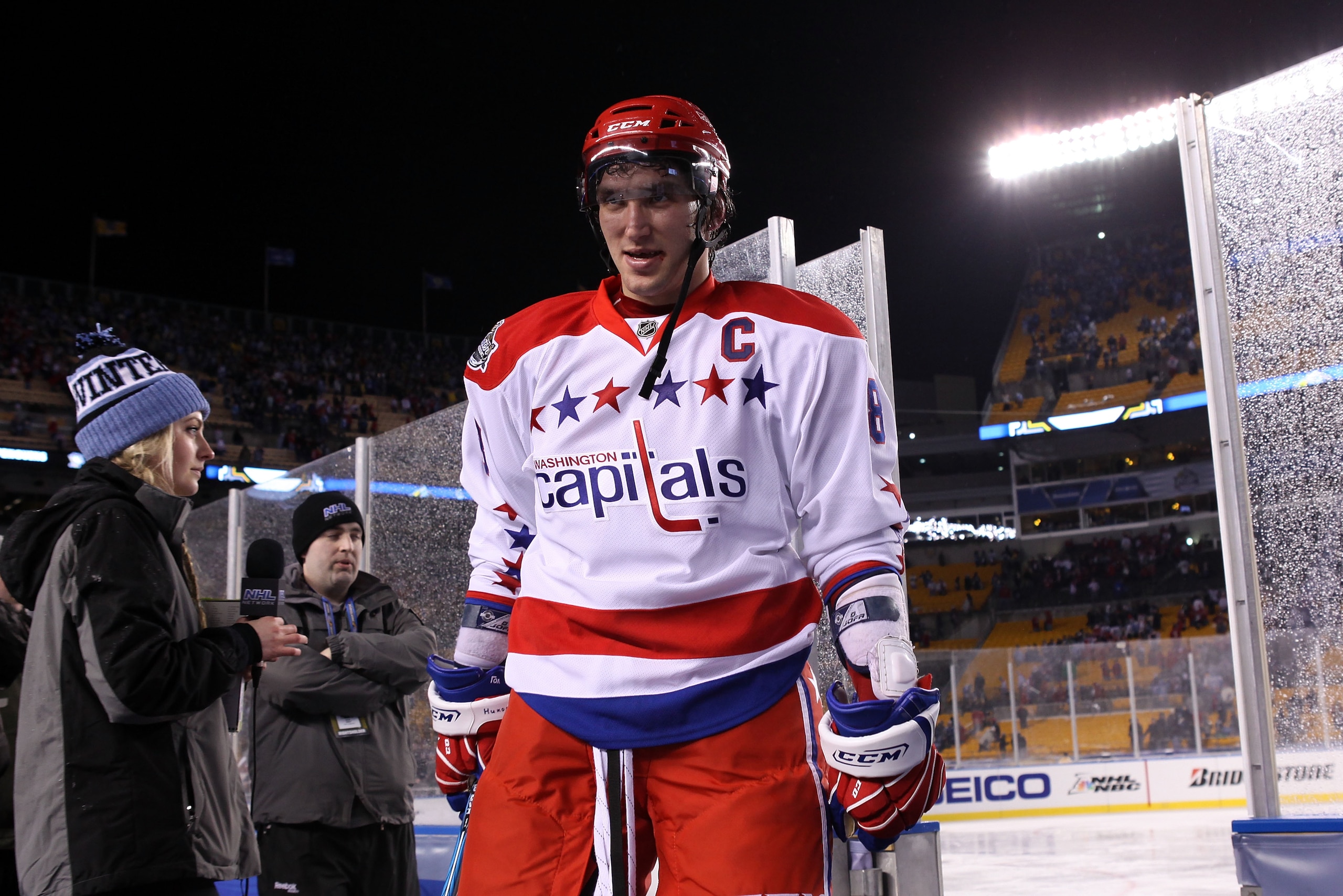 PITTSBURGH, PA - JANUARY 01: Alex Ovechkin #8 of the Washington Capitals walks off the ice after defeating the Pittsburgh Penguins 3-1 during the 2011 NHL Bridgestone Winter Classic at Heinz Field on January 1, 2011 in Pittsburgh, Pennsylvania. (Photo b PITTSBURGH, PA - JANUARY 01: Alex Ovechkin #8 of the Washington Capitals walks off the ice after defeating the Pittsburgh Penguins 3-1 during the 2011 NHL Bridgestone Winter Classic at Heinz Field on January 1, 2011 in Pittsburgh, Pennsylvania. (Photo b