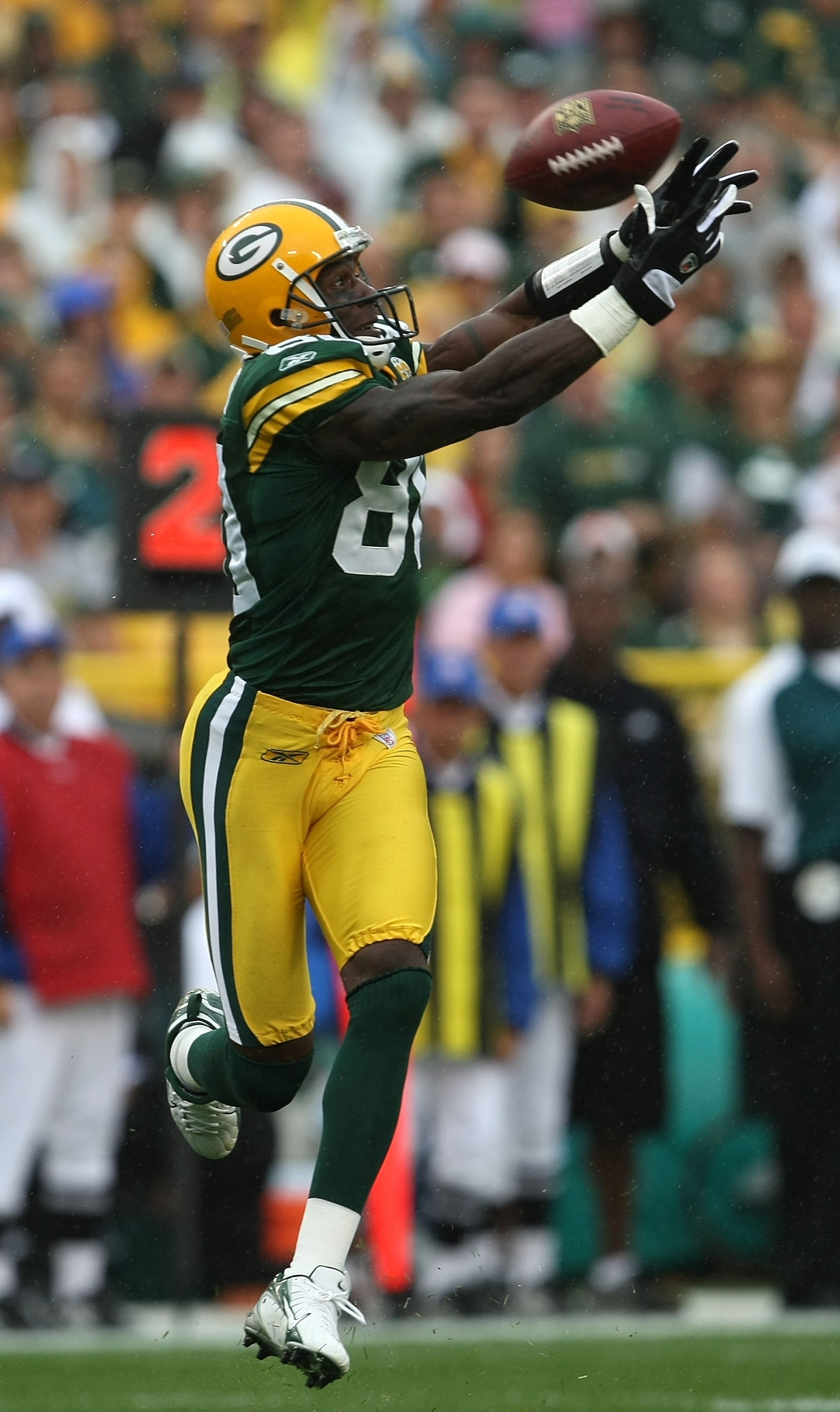 GREEN BAY, WI - SEPTEMBER 9:  Donald Driver #80 of the Green Bay Packers misses a catch against the Philadelphia Eagles at Lambeau Field September 9, 2007 in Green Bay, Wisconsin.  The Packers defeated the Eagles 16-13.  (Photo by Jonathan Daniel/Getty Im
