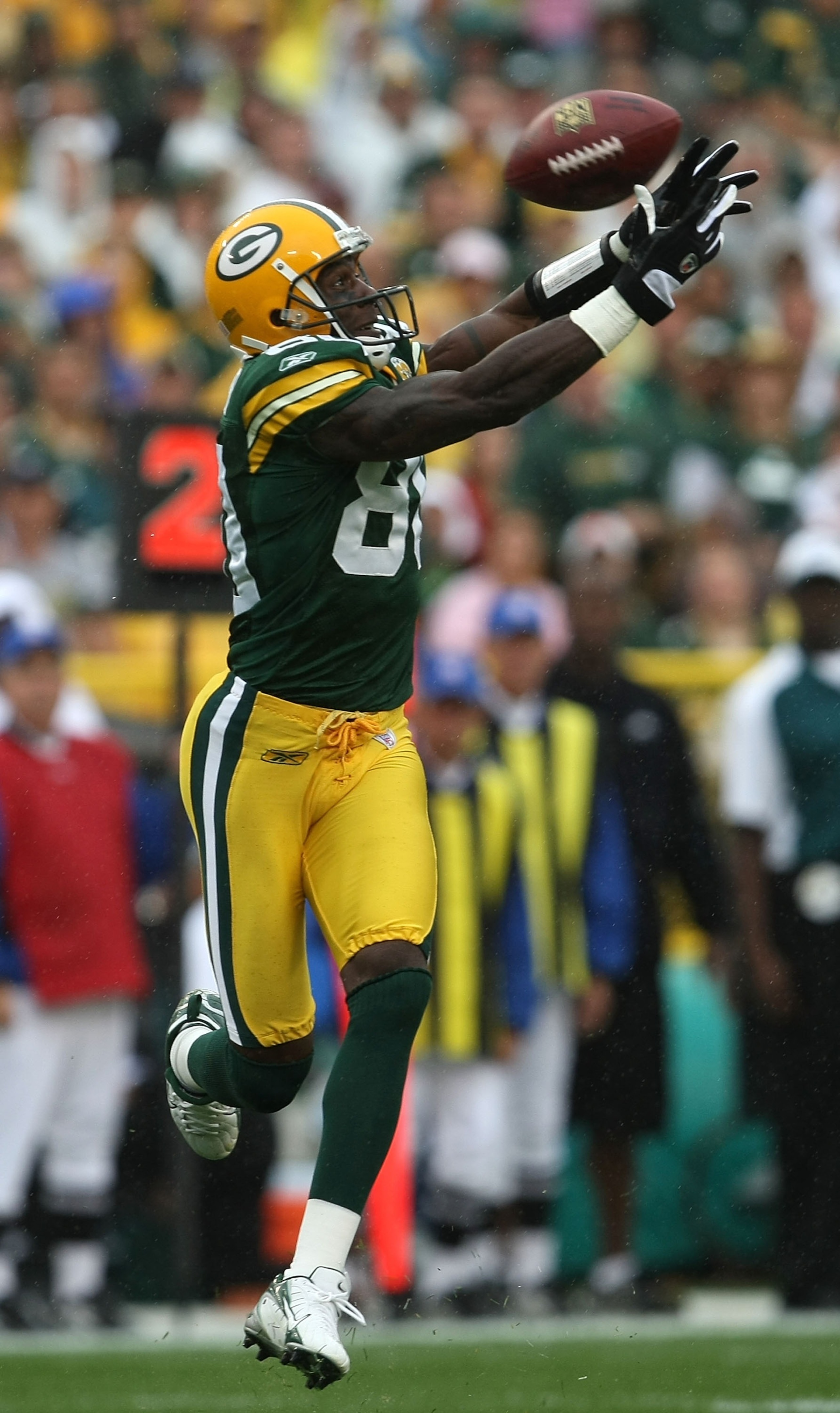 GREEN BAY, WI - SEPTEMBER 9:  Donald Driver #80 of the Green Bay Packers misses a catch against the Philadelphia Eagles at Lambeau Field September 9, 2007 in Green Bay, Wisconsin.  The Packers defeated the Eagles 16-13.  (Photo by Jonathan Daniel/Getty Im