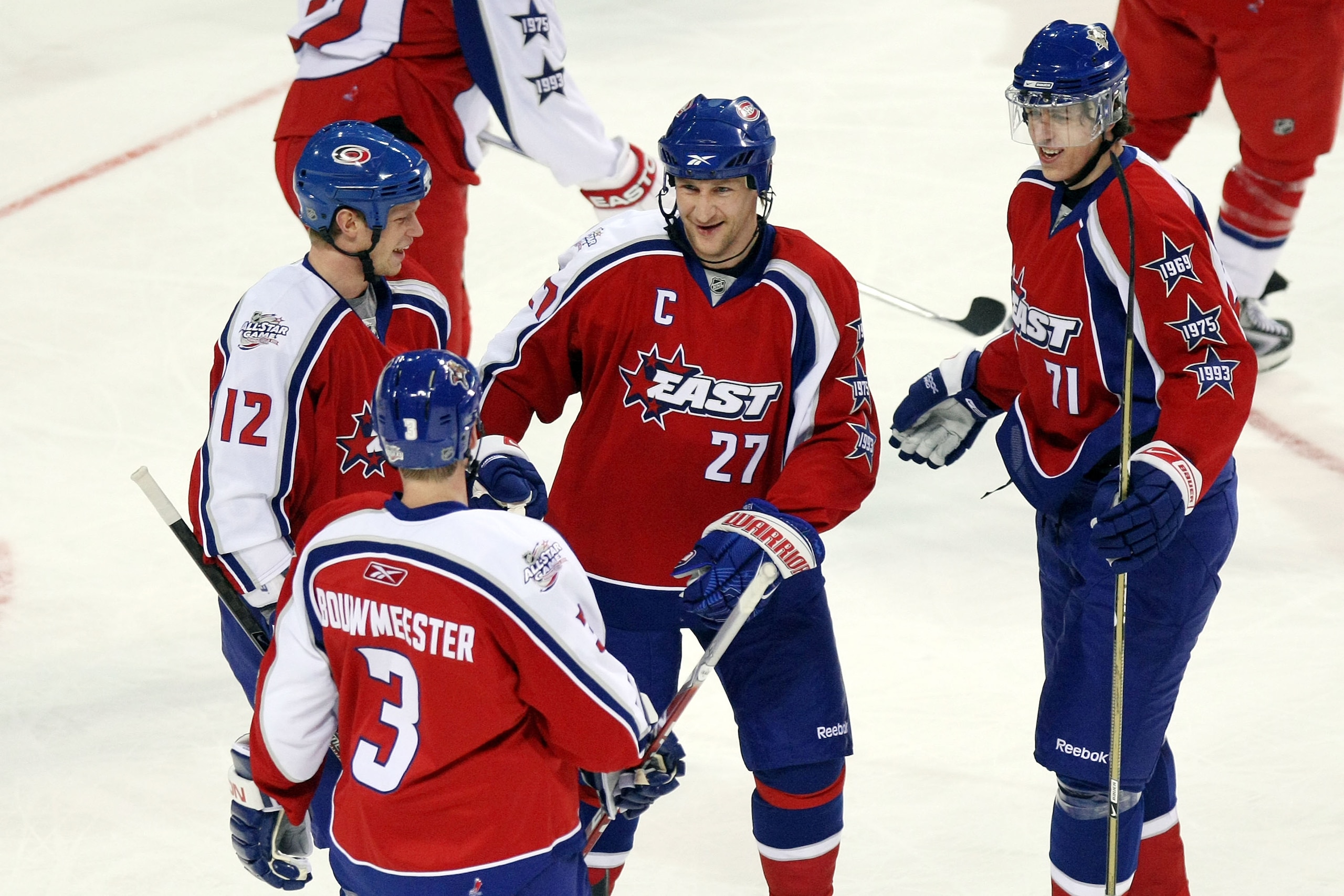 MONTREAL - JANUARY 25: Eastern Conference All-Star Alex Kovalev of the Montreal Canadiens celebrates after a goal with teammates Evgeni Malkin of the Pittsburgh Penguins, Jay Bouwmeester of the Florida Panthers and Eric Staal of the Carolina Hurricanes d MONTREAL - JANUARY 25: Eastern Conference All-Star Alex Kovalev of the Montreal Canadiens celebrates after a goal with teammates Evgeni Malkin of the Pittsburgh Penguins, Jay Bouwmeester of the Florida Panthers and Eric Staal of the Carolina Hurricanes d