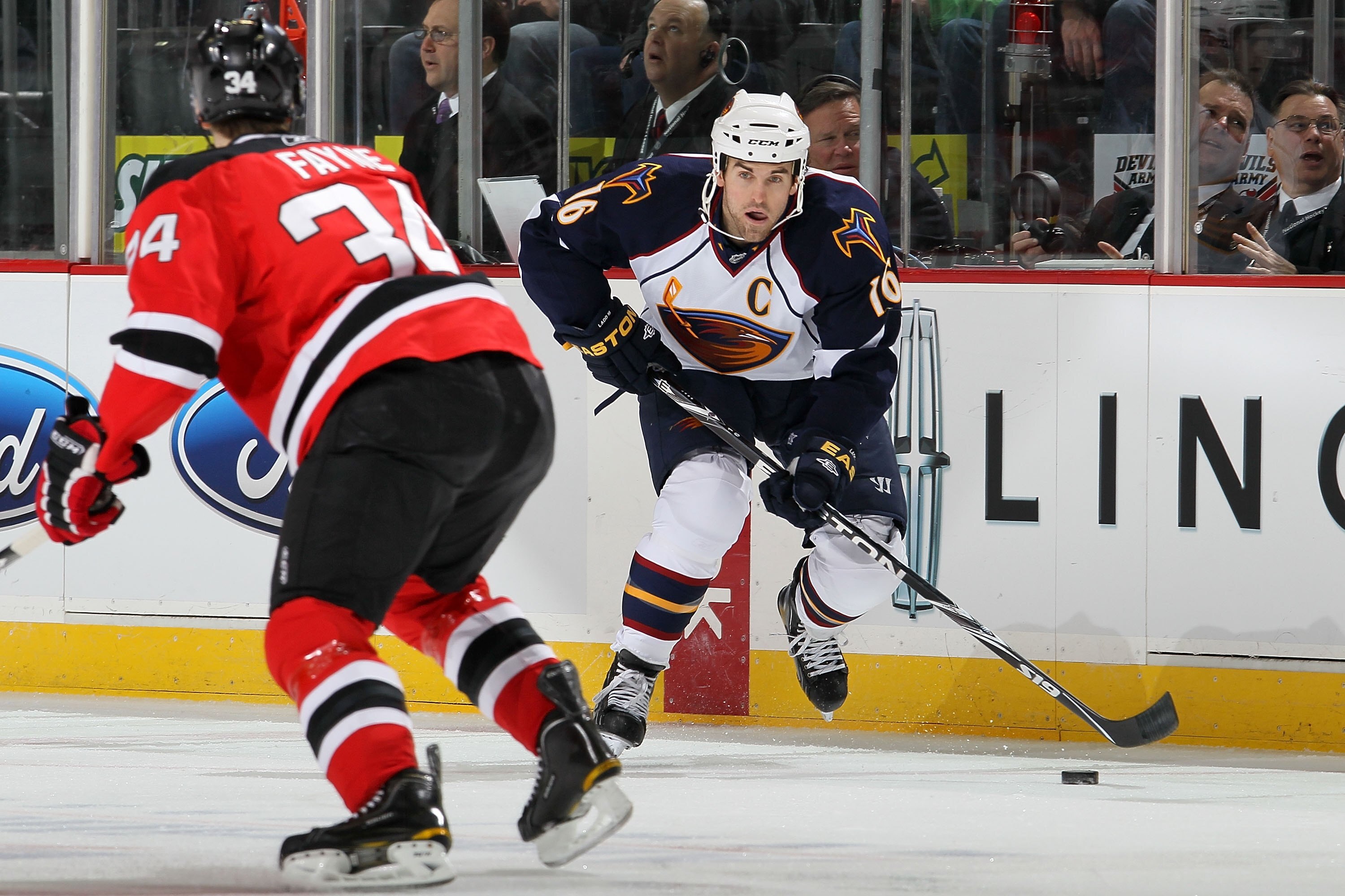 NEWARK, NJ - DECEMBER 31:  Andrew Ladd #16 of the Atlanta Thrashers skates against the New Jersey Devils at the Prudential Center on December 31, 2010 in Newark, New Jersey. The Devils defeated the Thrashers 3-1.  (Photo by Jim McIsaac/Getty Images)