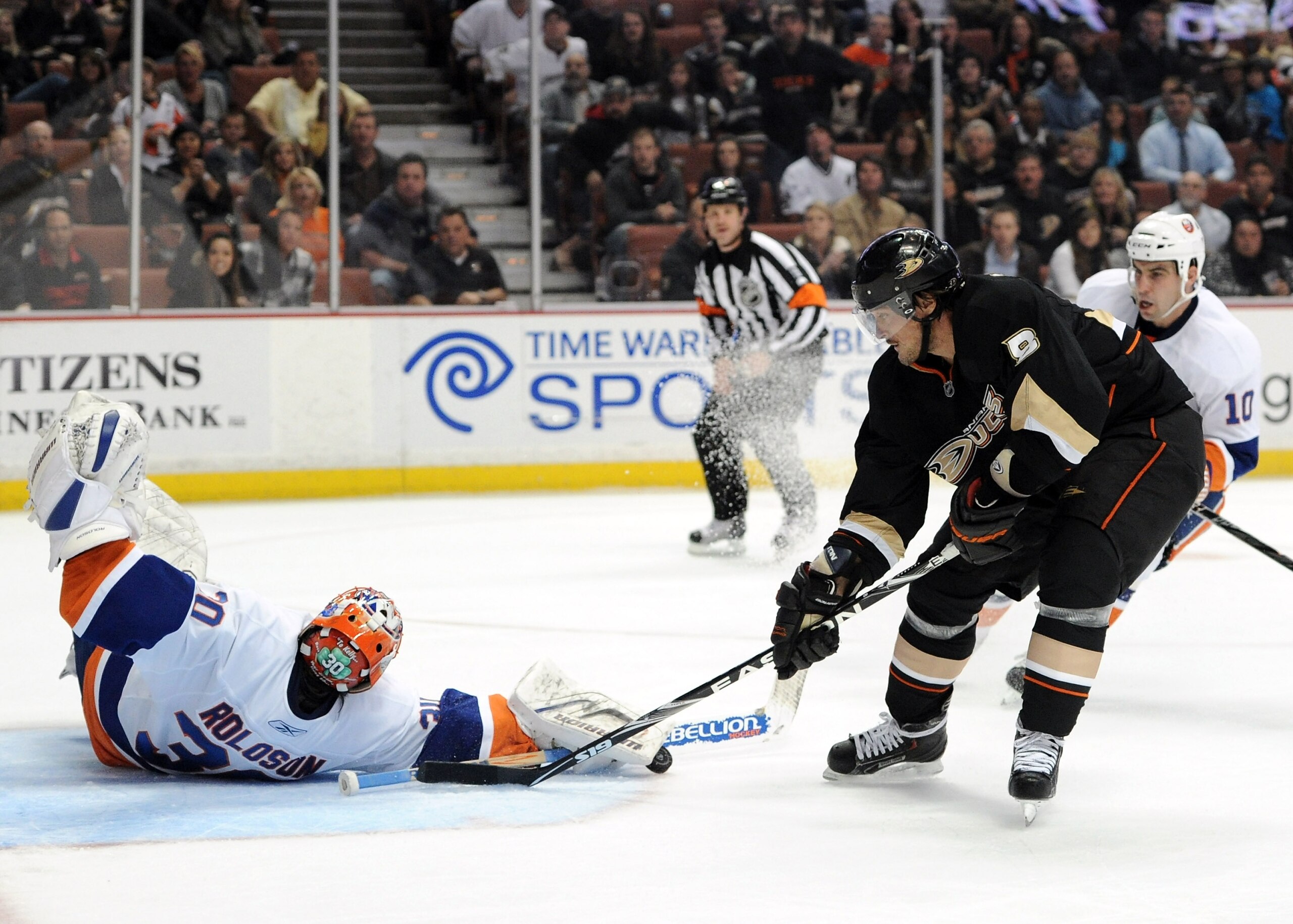 ANAHEIM, CA - NOVEMBER 10: Teemu Selanne #8 of the Anaheim Ducks is stopped on a breakaway by Dwayne Roloson #30 of the New York Islanders during the third period at the Honda Center on November 10, 2010 in Anaheim, California. (Photo by Harry How/Getty ANAHEIM, CA - NOVEMBER 10: Teemu Selanne #8 of the Anaheim Ducks is stopped on a breakaway by Dwayne Roloson #30 of the New York Islanders during the third period at the Honda Center on November 10, 2010 in Anaheim, California. (Photo by Harry How/Getty