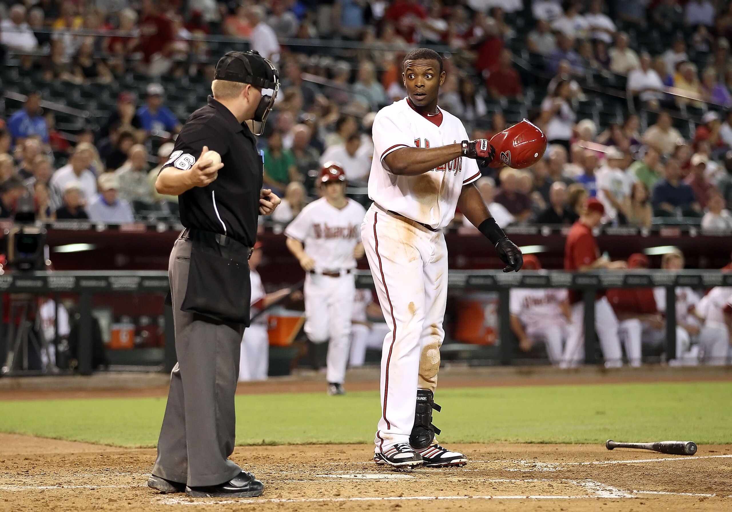 PHOENIX - AUGUST 30:  Justin Upton #24 of the Arizona Diamondbacks reacts after striking out during the Major League Baseball game against the San Diego Padres at Chase Field on August 30, 2010 in Phoenix, Arizona. The Diamondbacks defeated the Padres 7-2