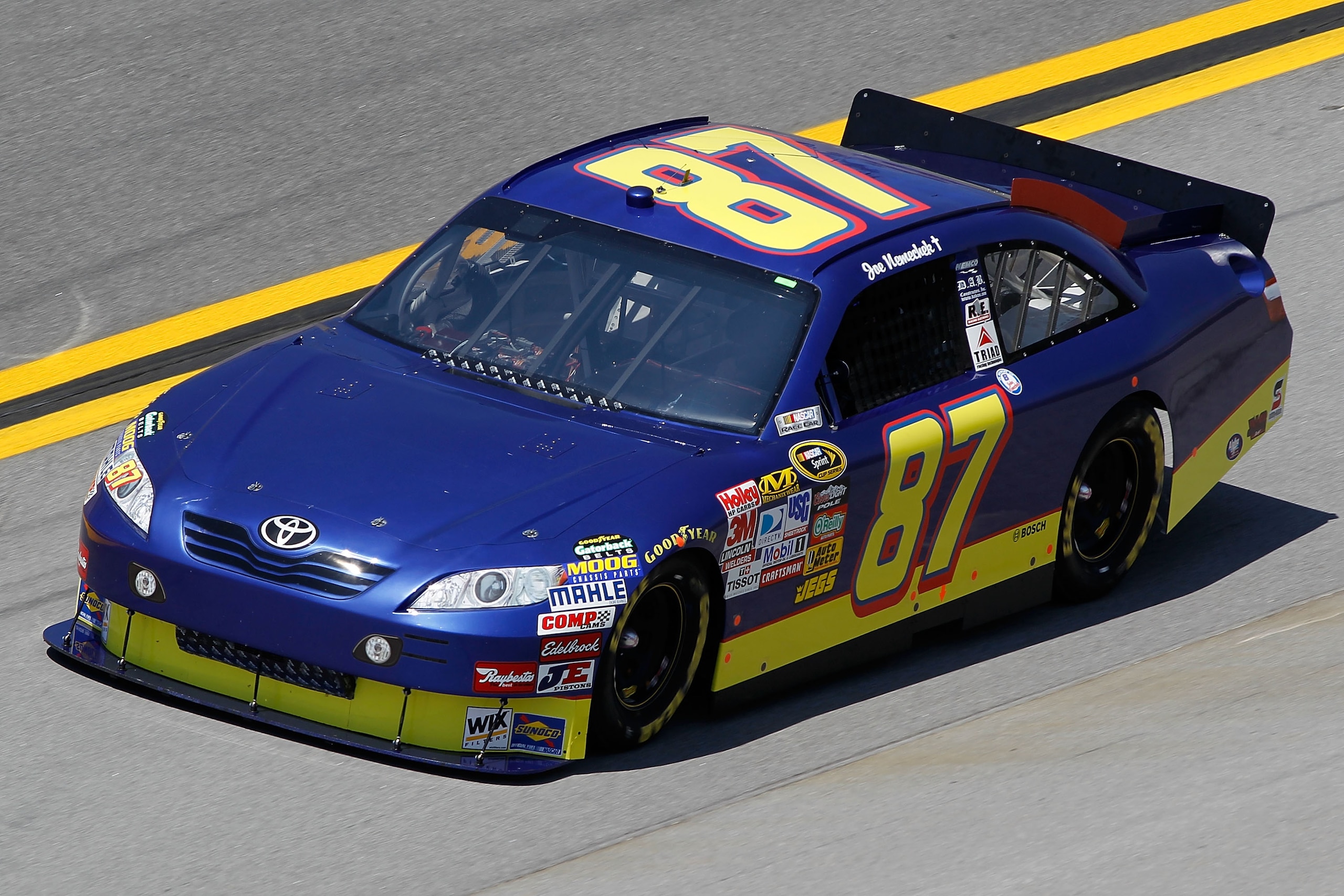 TALLADEGA, AL - APRIL 23:  Joe Nemechek drives the #87 NEMCO Toyota during practice for the NASCAR Sprint Cup Series Aaron's 499 at Talladega Superspeedway on April 23, 2010 in Talladega, Alabama.  (Photo by Todd Warshaw/Getty Images for NASCAR)