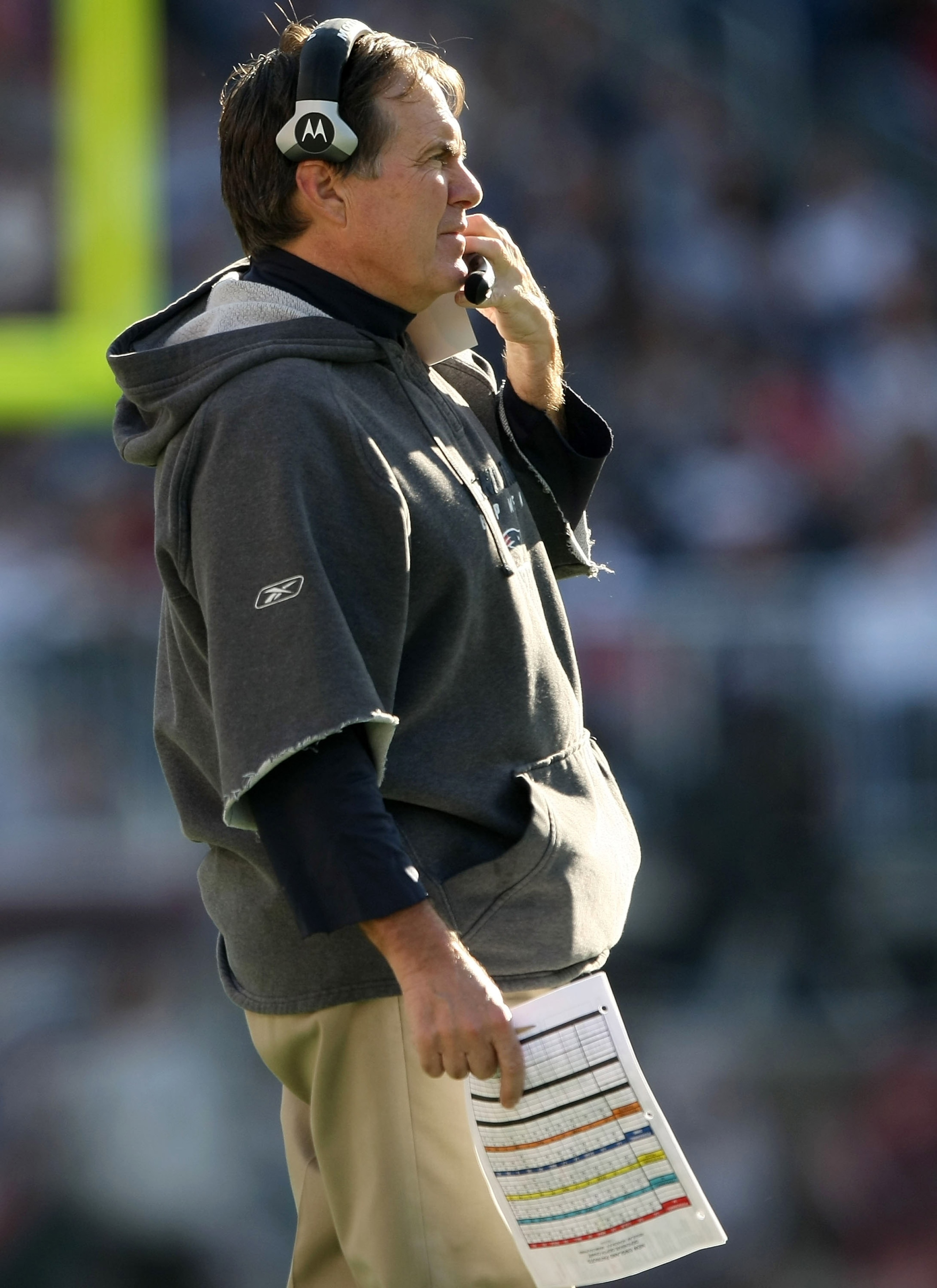 FOXBORO, MA - NOVEMBER 08:  Head coach Bill Belichick of the New England Patriots looks on from the sideline in the first half against the Miami Dolphins on November 8, 2009 at Gillette Stadium in Foxboro, Massachusetts.  (Photo by Elsa/Getty Images)