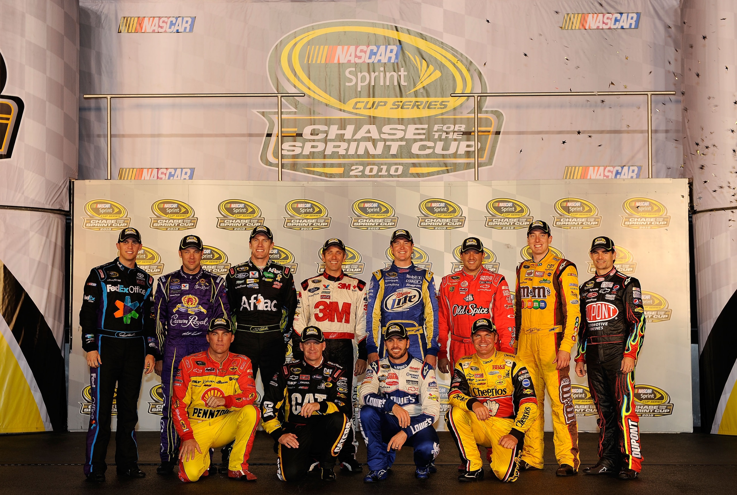 RICHMOND, VA - SEPTEMBER 11:  (Back row from L-R) The 2010 NASCAR Sprint Cup Series Chase contenders Denny Hamlin, driver of the #11 FedEx Office Toyota, Matt Kenseth, driver of the #17 Crown Royal Ford, Carl Edwards, driver of the #99 Kellogg's/Cheez-It