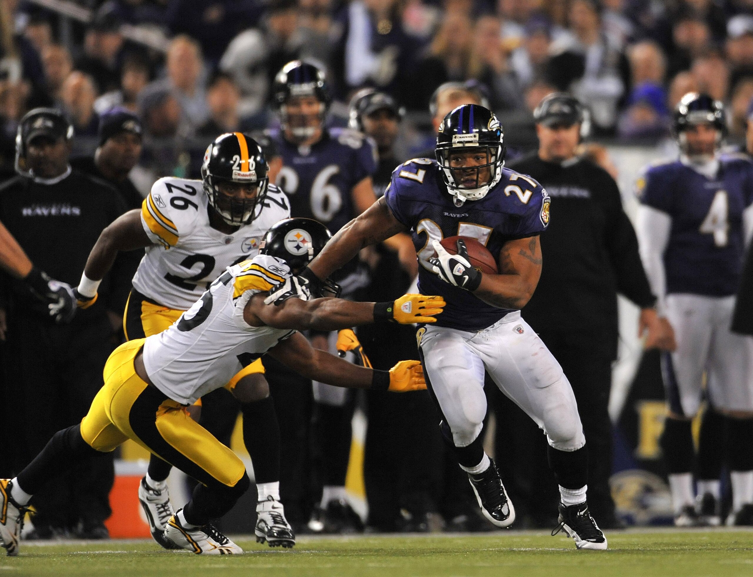 BALTIMORE - NOVEMBER 29:  Ray Rice #27 of the Baltimore Ravens runs the ball during the game against the Pittsburgh Steelers at M&T Bank Stadium on November 29, 2009 in Baltimore, Maryland. The Ravens defeated the Steelers 20-17. (Photo by Larry French/Ge