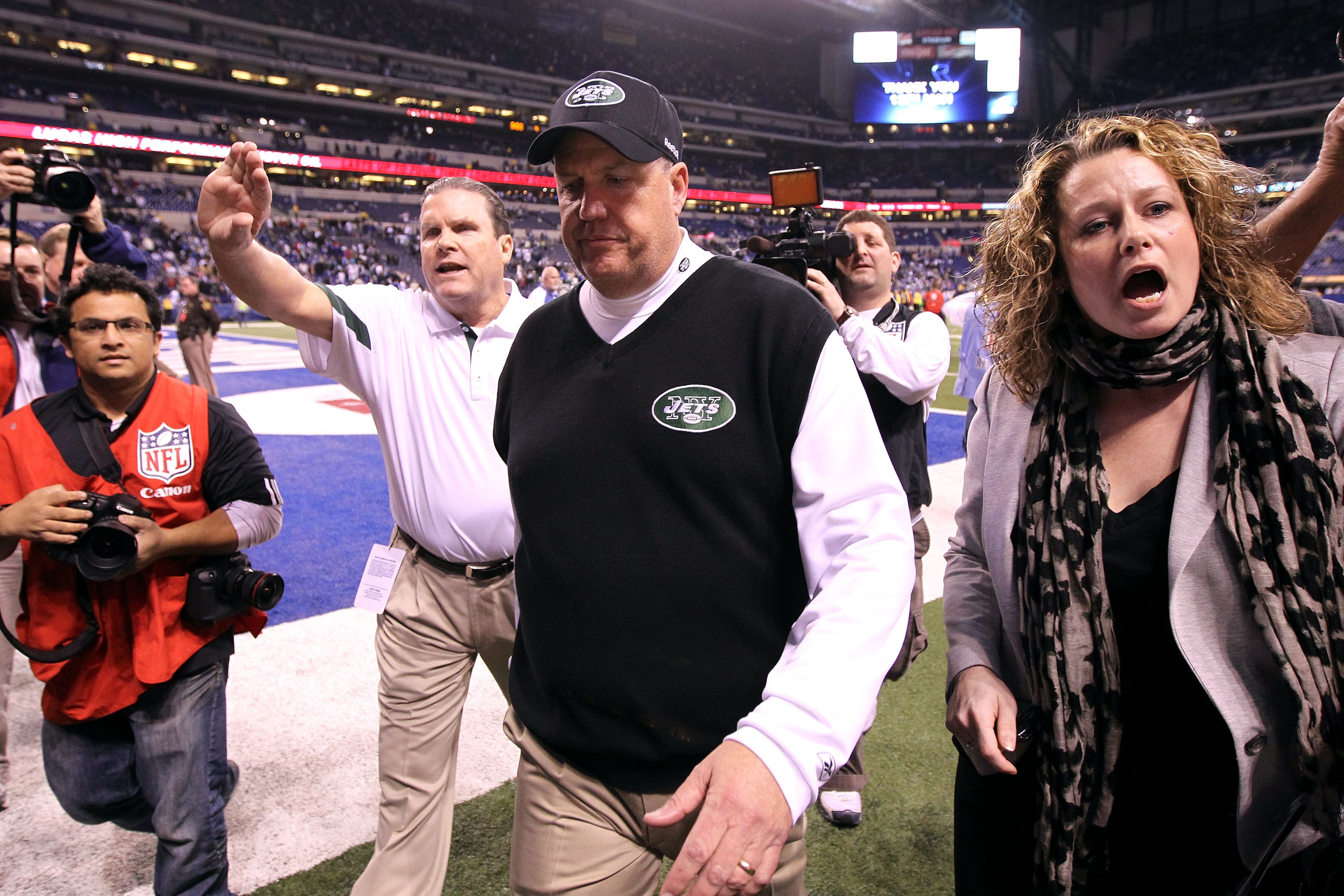 INDIANAPOLIS, IN - JANUARY 08:  Head coach Rex Ryan of the New York Jets walks off the field after the Jets won 17-16 against the Indianapolis Colts during their 2011 AFC wild card playoff game at Lucas Oil Stadium on January 8, 2011 in Indianapolis, Indi