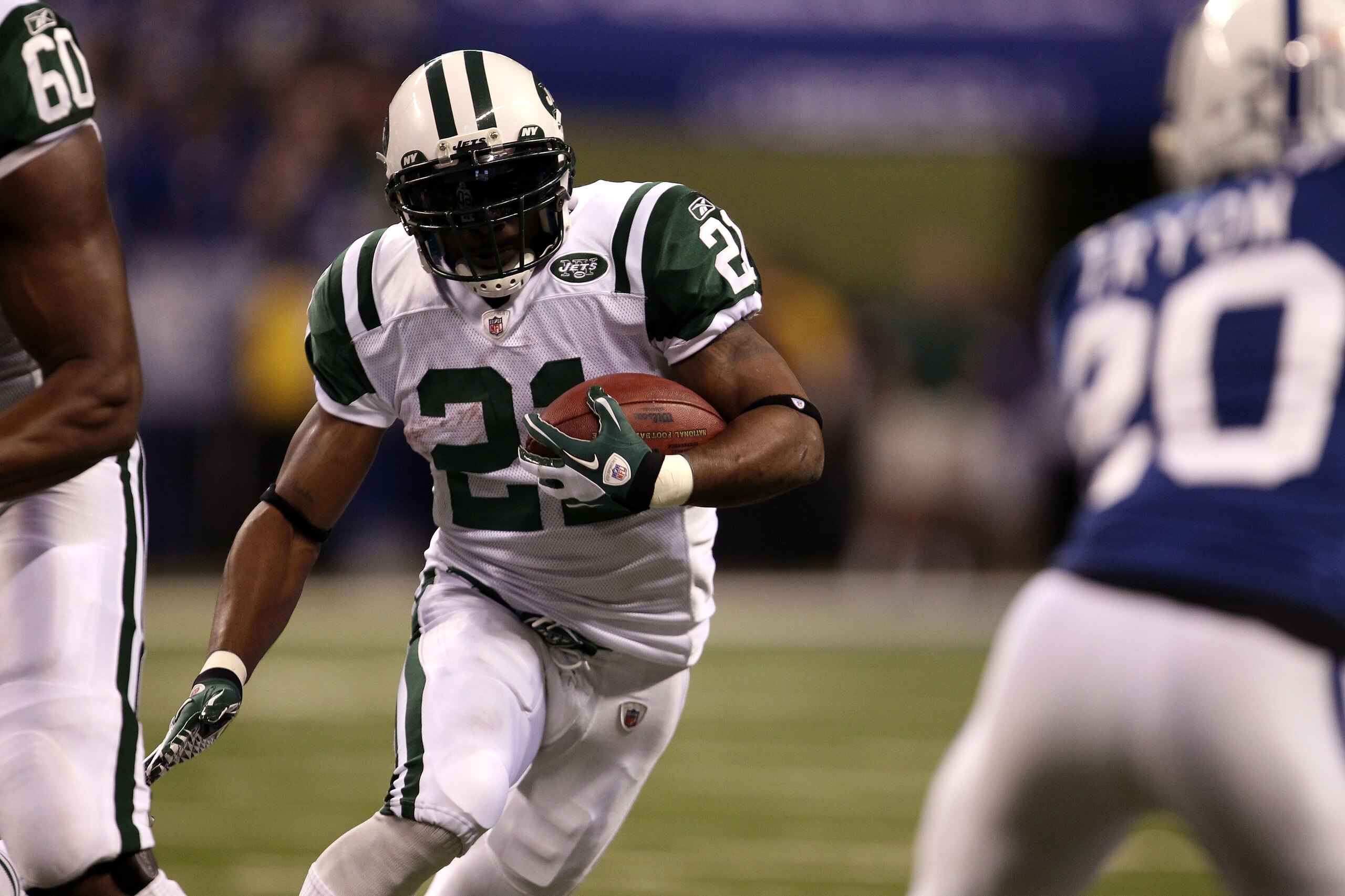 INDIANAPOLIS, IN - JANUARY 08: LaDainian Tomlinson #21 of the New York Jets runs the ball against the Indianapolis Colts during their 2011 AFC wild card playoff game at Lucas Oil Stadium on January 8, 2011 in Indianapolis, Indiana. The Jets won 17-16. (P INDIANAPOLIS, IN - JANUARY 08: LaDainian Tomlinson #21 of the New York Jets runs the ball against the Indianapolis Colts during their 2011 AFC wild card playoff game at Lucas Oil Stadium on January 8, 2011 in Indianapolis, Indiana. The Jets won 17-16. (P