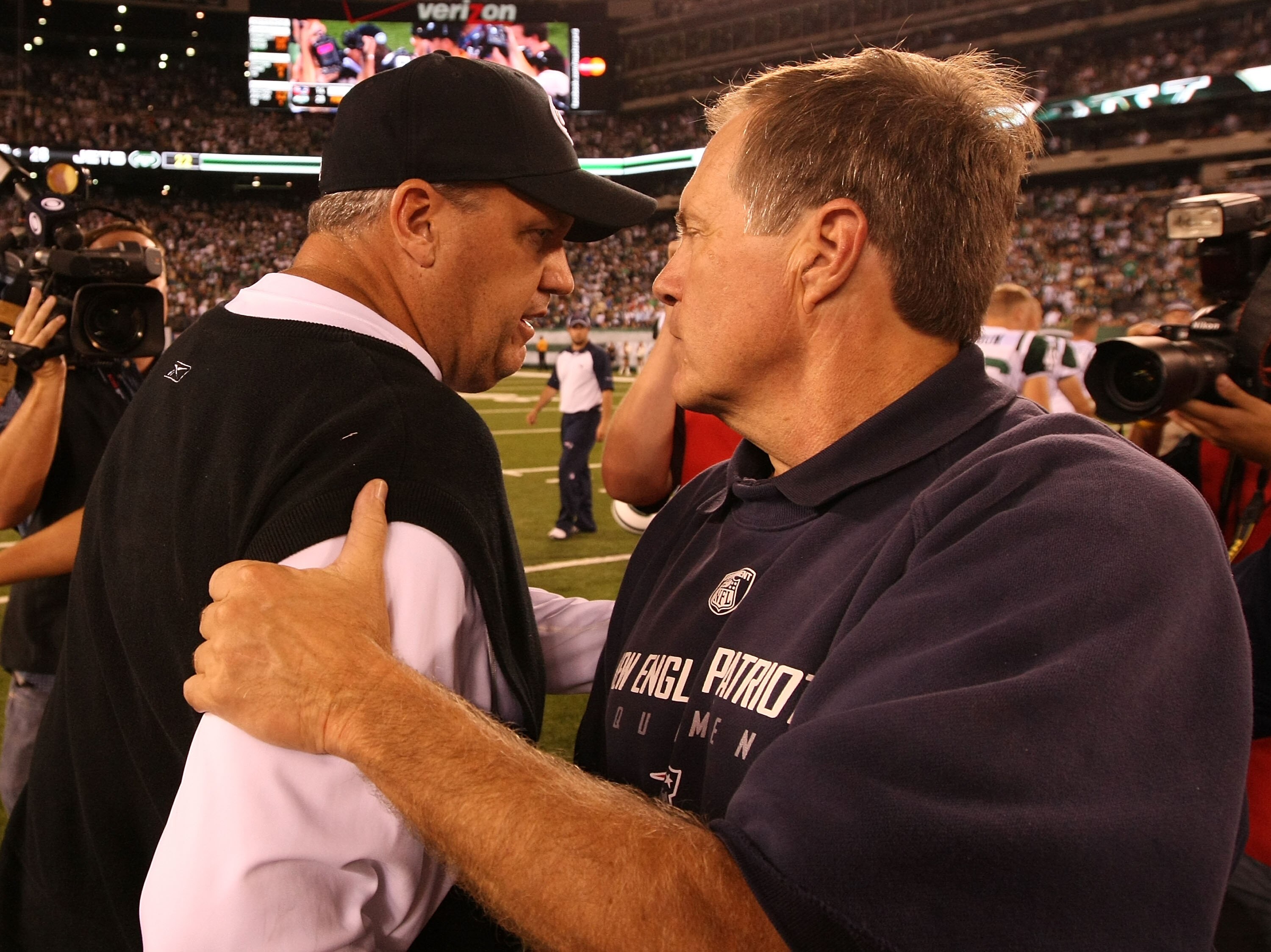 EAST RUTHERFORD, NJ - SEPTEMBER 19:  Rex Ryan, Head Coach of the New York Jets greets Bill Belichick, head coach of the New England Patriots after a Jets 28-14 win on September 19, 2010 at the New Meadowlands Stadium  in East Rutherford, New Jersey.  (Pho