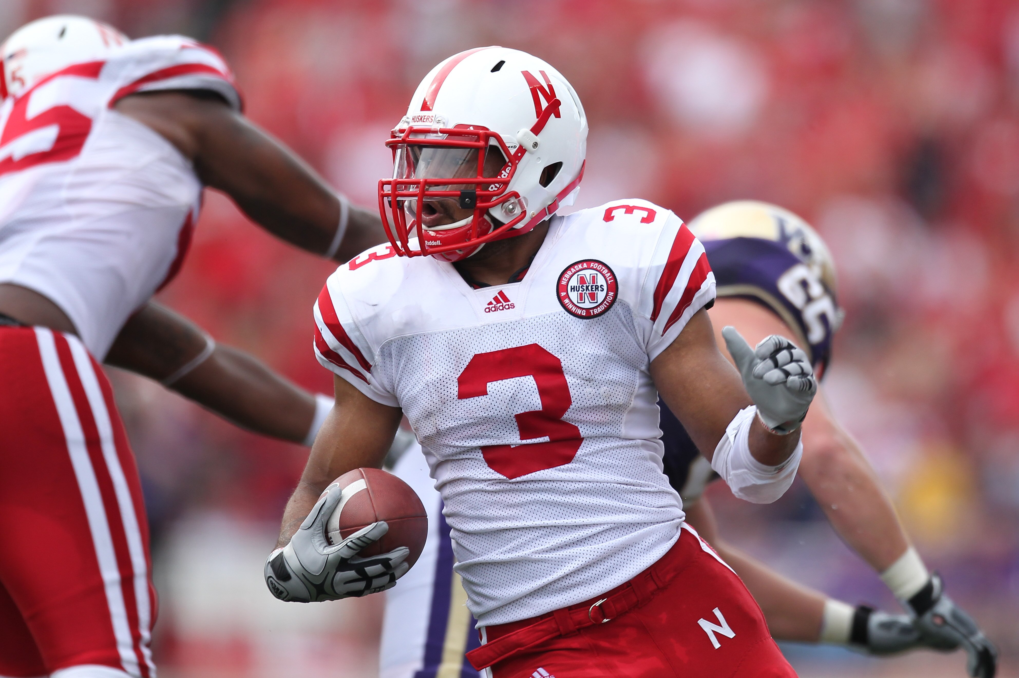 SEATTLE - SEPTEMBER 18: Safety Rickey Thenarse #3 of the Nebraska Cornhuskers returns an interception against the Washington Huskies on September 18, 2010 at Husky Stadium in Seattle, Washington. The play was nullified due to a penalty. (Photo by Otto Gre