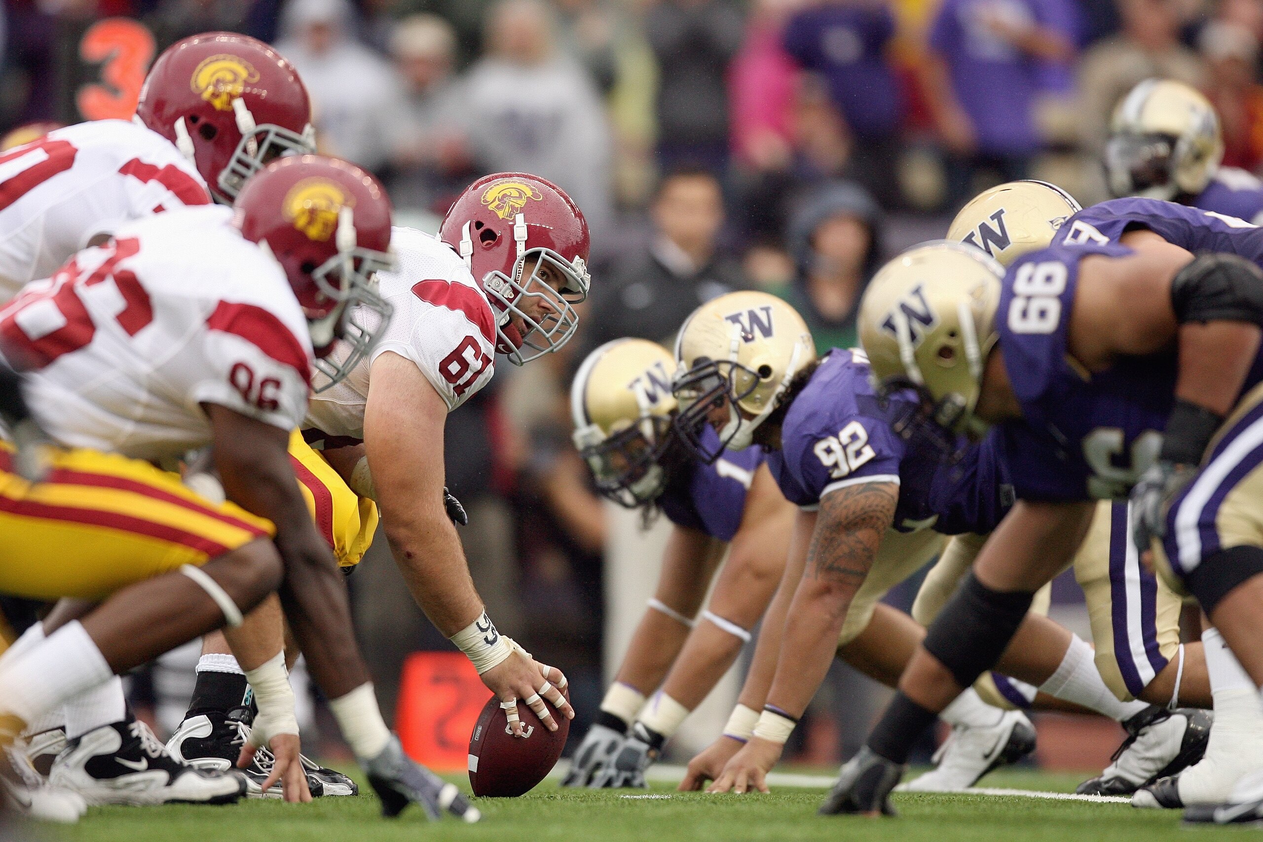 SEATTLE - SEPTEMBER 19: Center Kristofer O'Dowd #61 of the USC Trojans gets ready to hike the ball during the game against the Washington Huskies on September 19, 2009 at Husky Stadium in Seattle, Washington. The Huskies defeated the Trojans 16-13. (Photo SEATTLE - SEPTEMBER 19: Center Kristofer O'Dowd #61 of the USC Trojans gets ready to hike the ball during the game against the Washington Huskies on September 19, 2009 at Husky Stadium in Seattle, Washington. The Huskies defeated the Trojans 16-13. (Photo