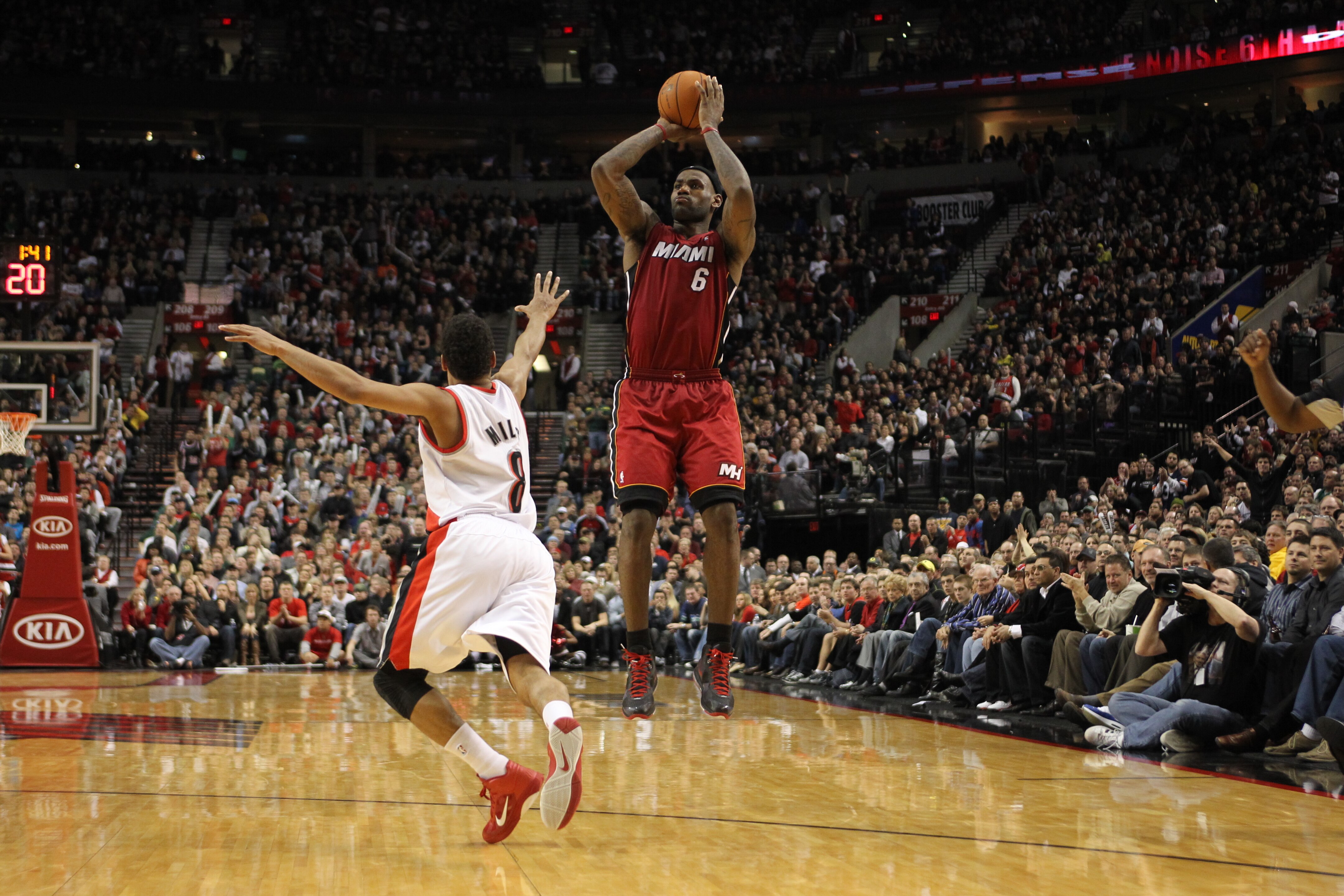 PORTLAND, OR - JANUARY 9: LeBron James #6 of the Miami Heat shoots the ball against Wesley Matthews #2 of the Portland Trail Blazers during a game on January 9, 2011 at the Rose Garden Arena in Portland, Oregon. NOTE TO USER: User expressly acknowledges a