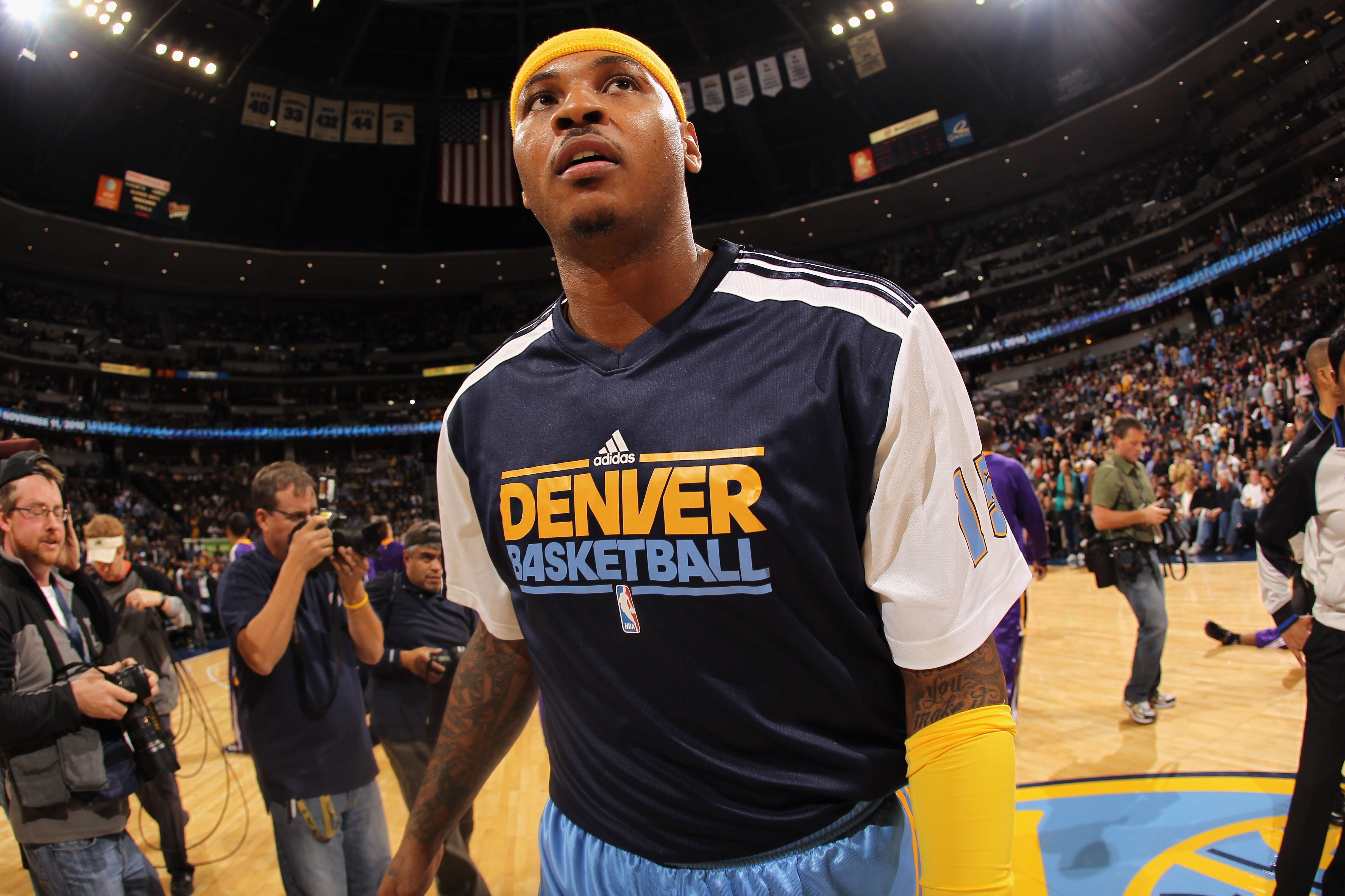 DENVER - NOVEMBER 11:  Carmelo Anthony #15 of the Denver Nuggets warms up prior to facing the Los Angeles Lakers at the Pepsi Center on November 11, 2010 in Denver, Colorado. The Nuggets defeated the Lakers 118-112.  NOTE TO USER: User expressly acknowled