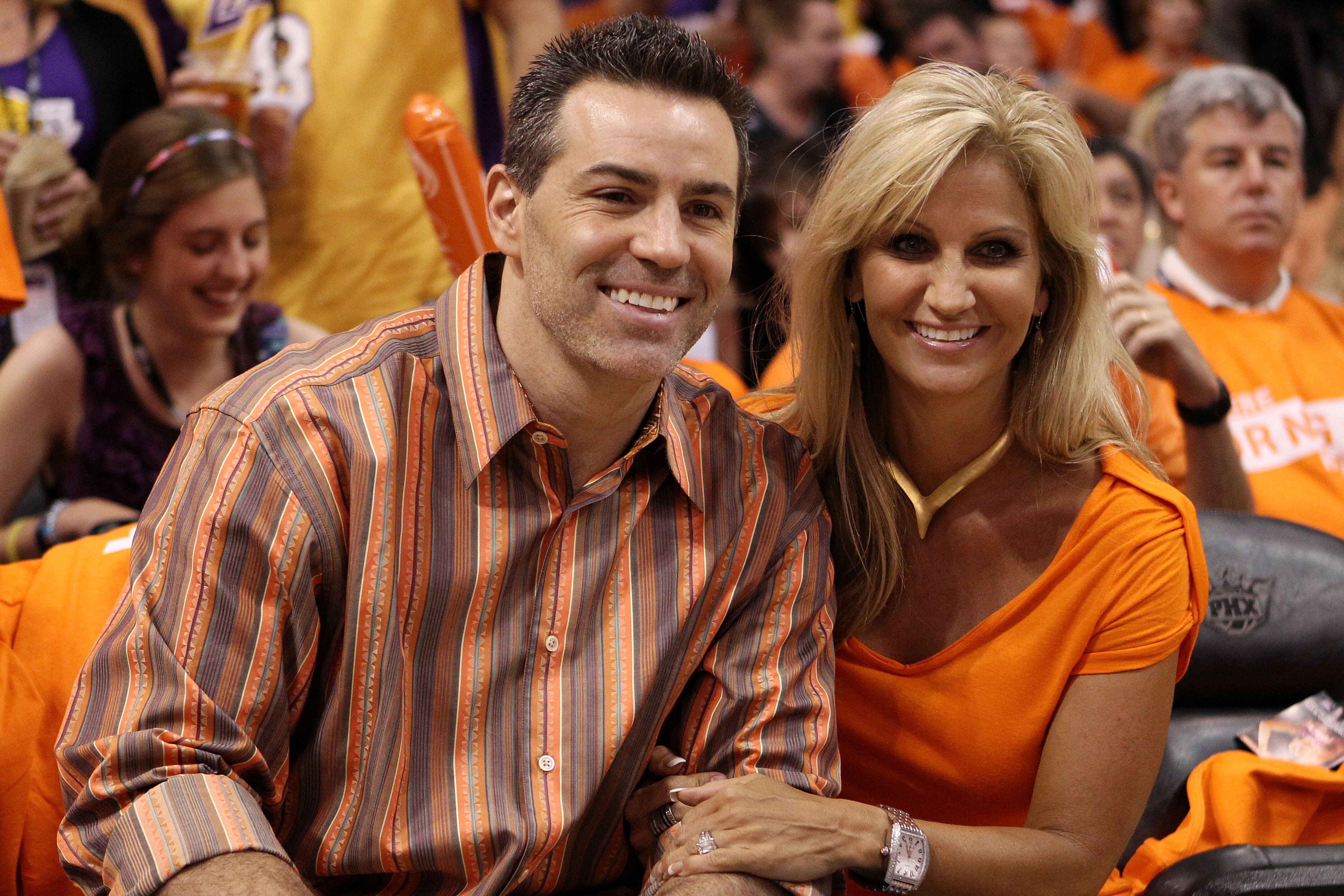 PHOENIX - MAY 23:  Former NFL quarterback Kurt Warner sits with his wife Brenda prior to the Phoenix Suns playing the Los Angeles Lakers in Game Three of the Western Conference Finals during the 2010 NBA Playoffs at US Airways Center on May 23, 2010 in Ph