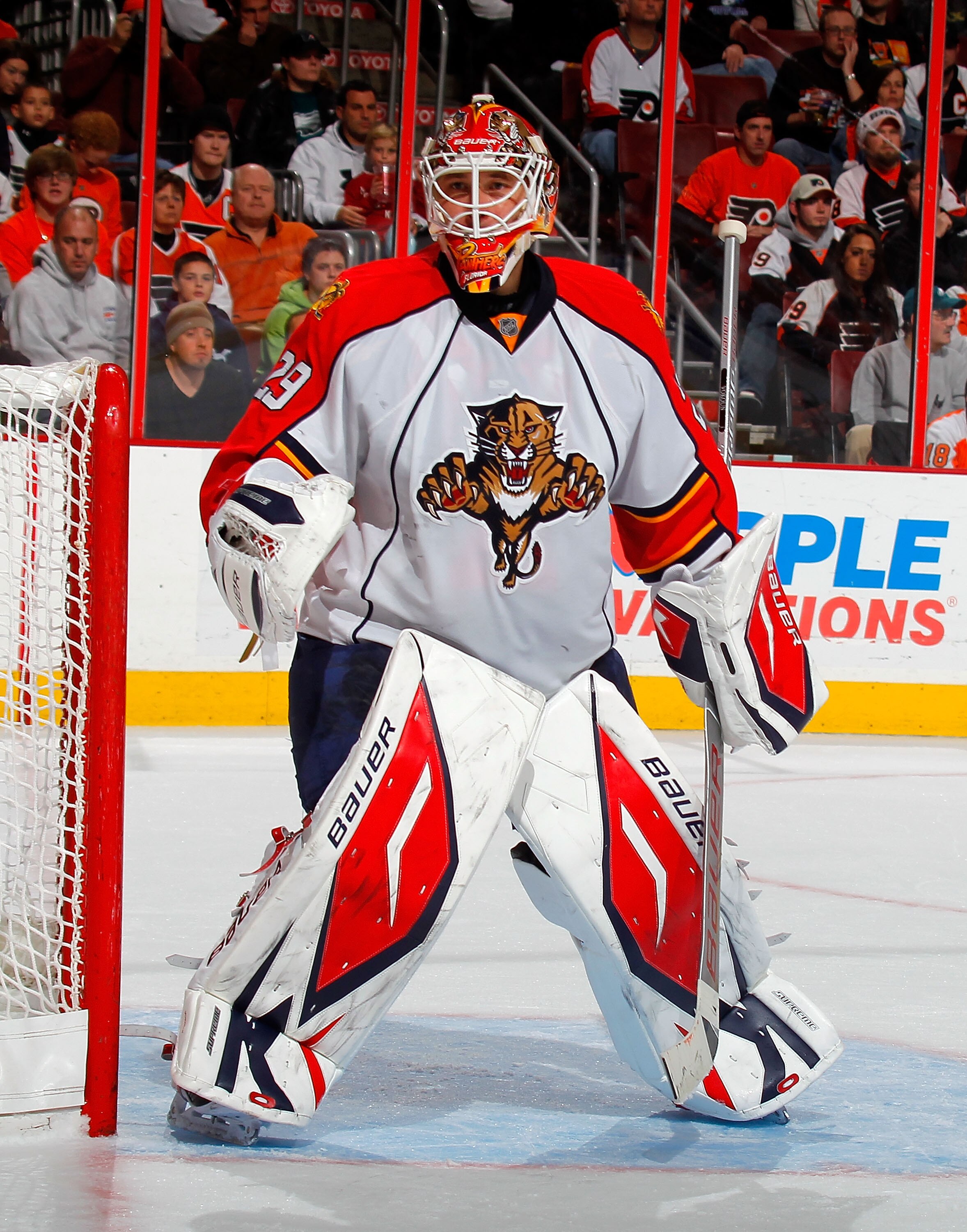 PHILADELPHIA, PA - DECEMBER 20:  Goalie Tomas Vokoun #29 of the Florida Panthers in action during a hockey game against the Philadelphia Flyers at the Wells Fargo Center on December 20, 2010 in Philadelphia, Pennsylvania.  (Photo by Paul Bereswill/Getty I